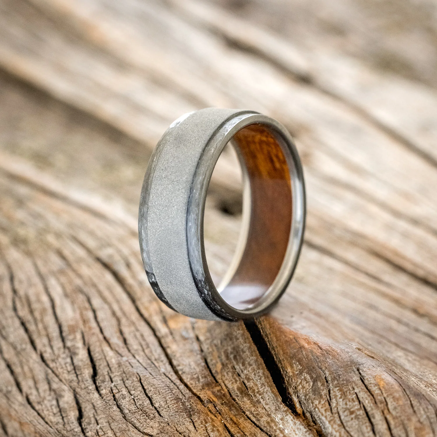 "SEDONA" - WHISKEY BARREL LINED WEDDING RING WITH HAMMERED EDGES & SANDBLASTED CENTER - Image 9