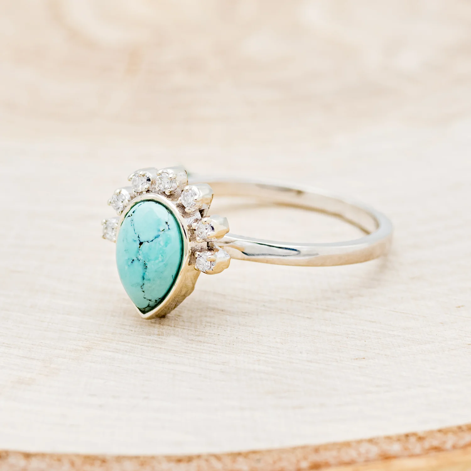 "SHANIA" - PEAR CABOCHON CUT TURQUOISE ENGAGEMENT RING WITH DIAMOND ACCENTS - Image 3