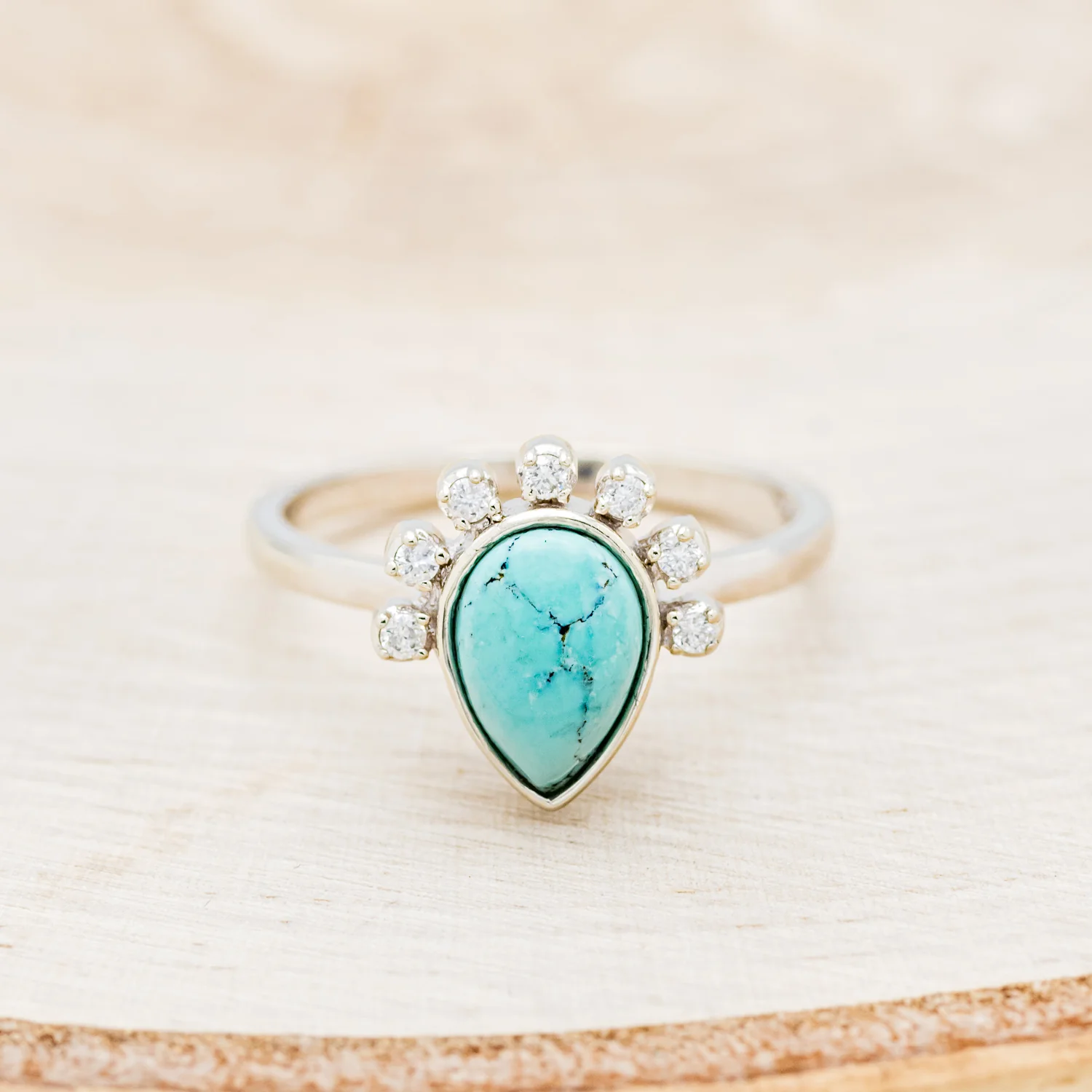 "SHANIA" - PEAR CABOCHON CUT TURQUOISE ENGAGEMENT RING WITH DIAMOND ACCENTS - Image 4