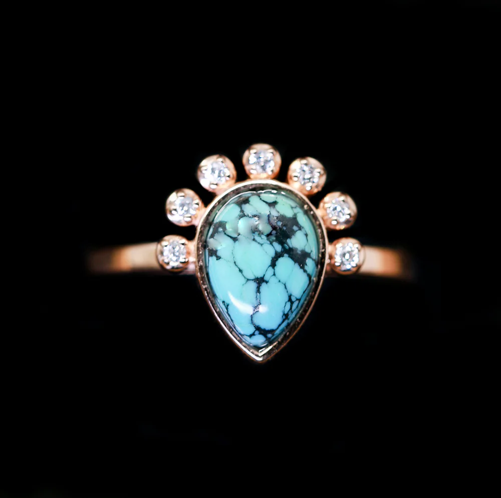 "SHANIA" - PEAR CABOCHON CUT TURQUOISE ENGAGEMENT RING WITH DIAMOND ACCENTS - Image 7