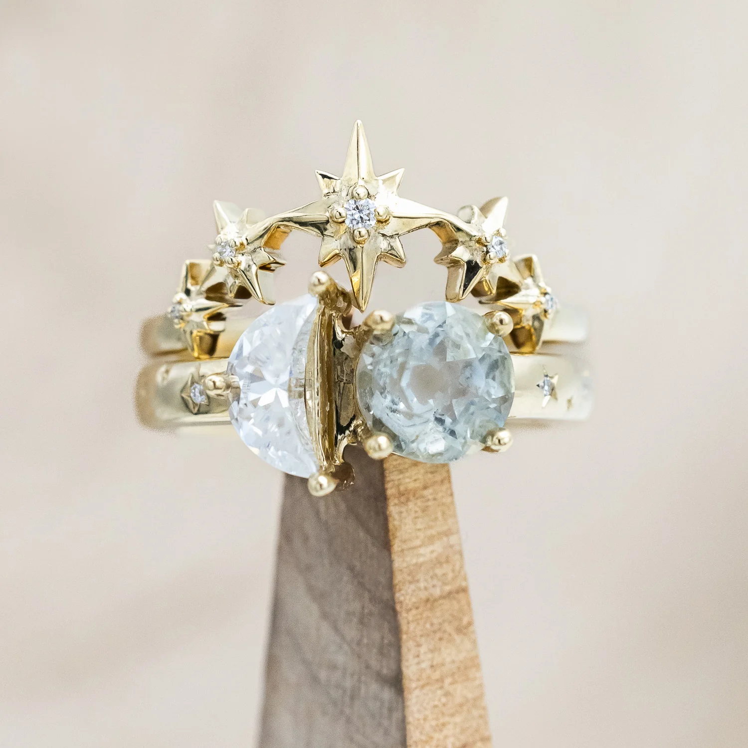 "SIDRA" - TOI ET MOI ROUND CUT GREEN PRASIOLITE ENGAGEMENT RING WITH CRESCENT MOON MOISSANITE ACCENT & DIAMOND TRACER - Image 3