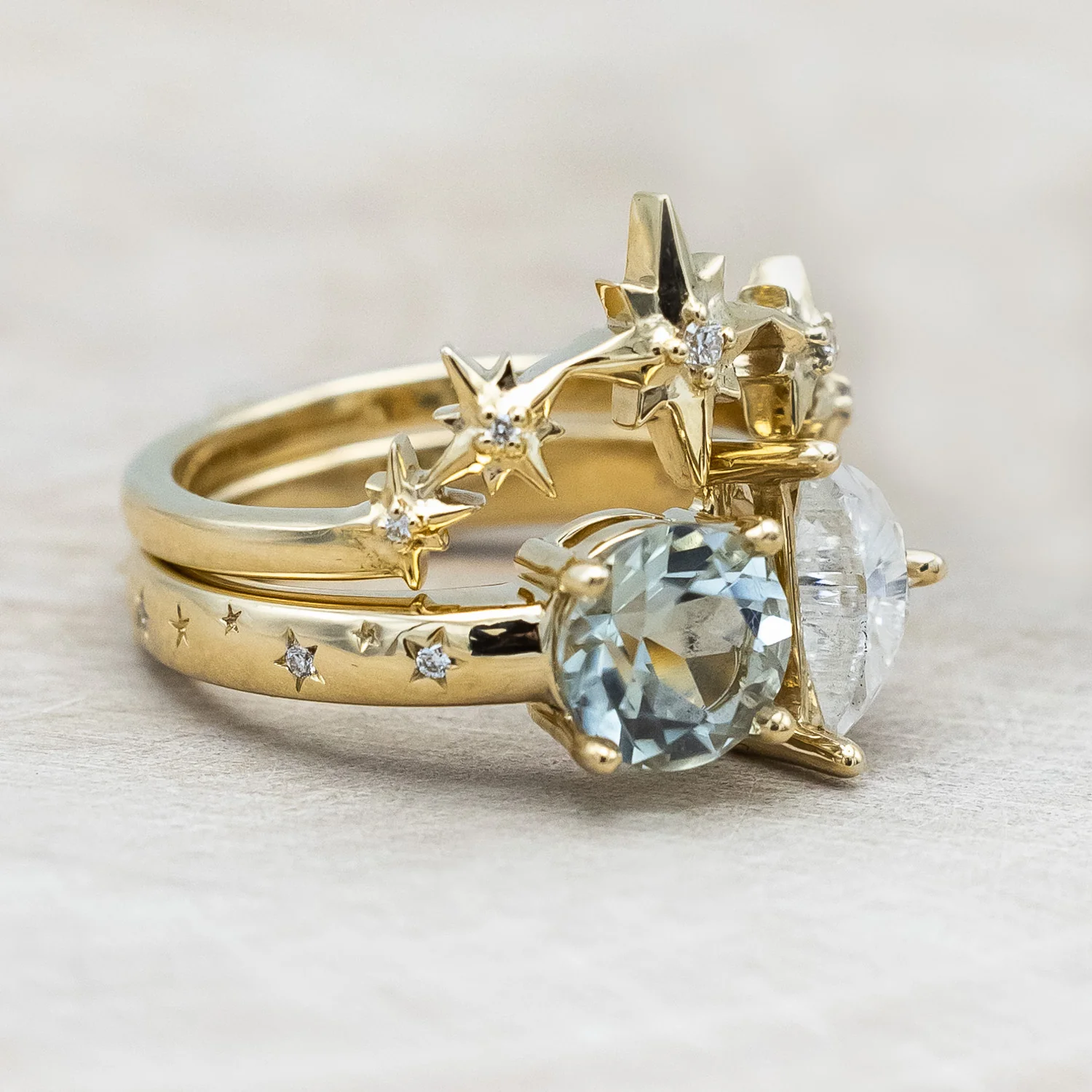 "SIDRA" - TOI ET MOI ROUND CUT GREEN PRASIOLITE ENGAGEMENT RING WITH CRESCENT MOON MOISSANITE ACCENT & DIAMOND TRACER - Image 4