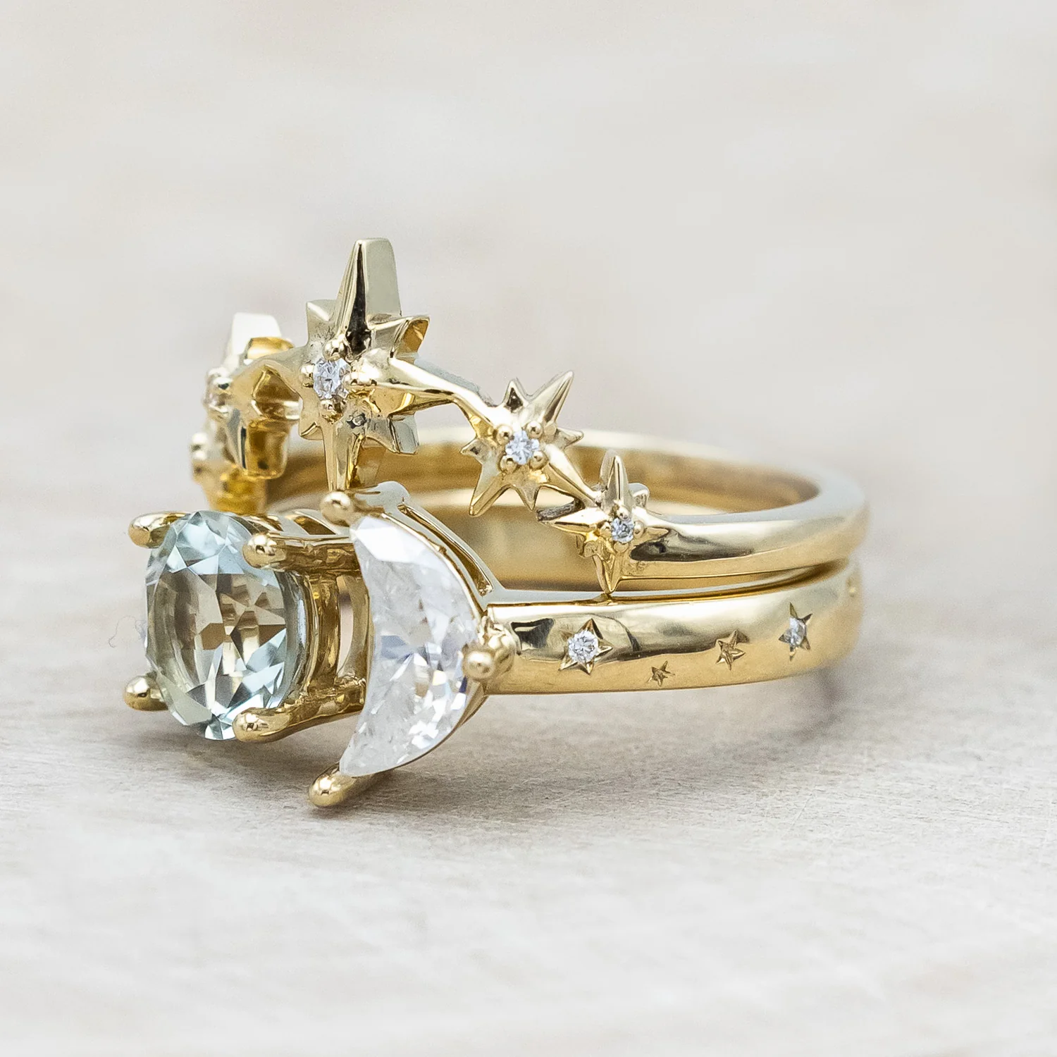 "SIDRA" - TOI ET MOI ROUND CUT GREEN PRASIOLITE ENGAGEMENT RING WITH CRESCENT MOON MOISSANITE ACCENT & DIAMOND TRACER - Image 5