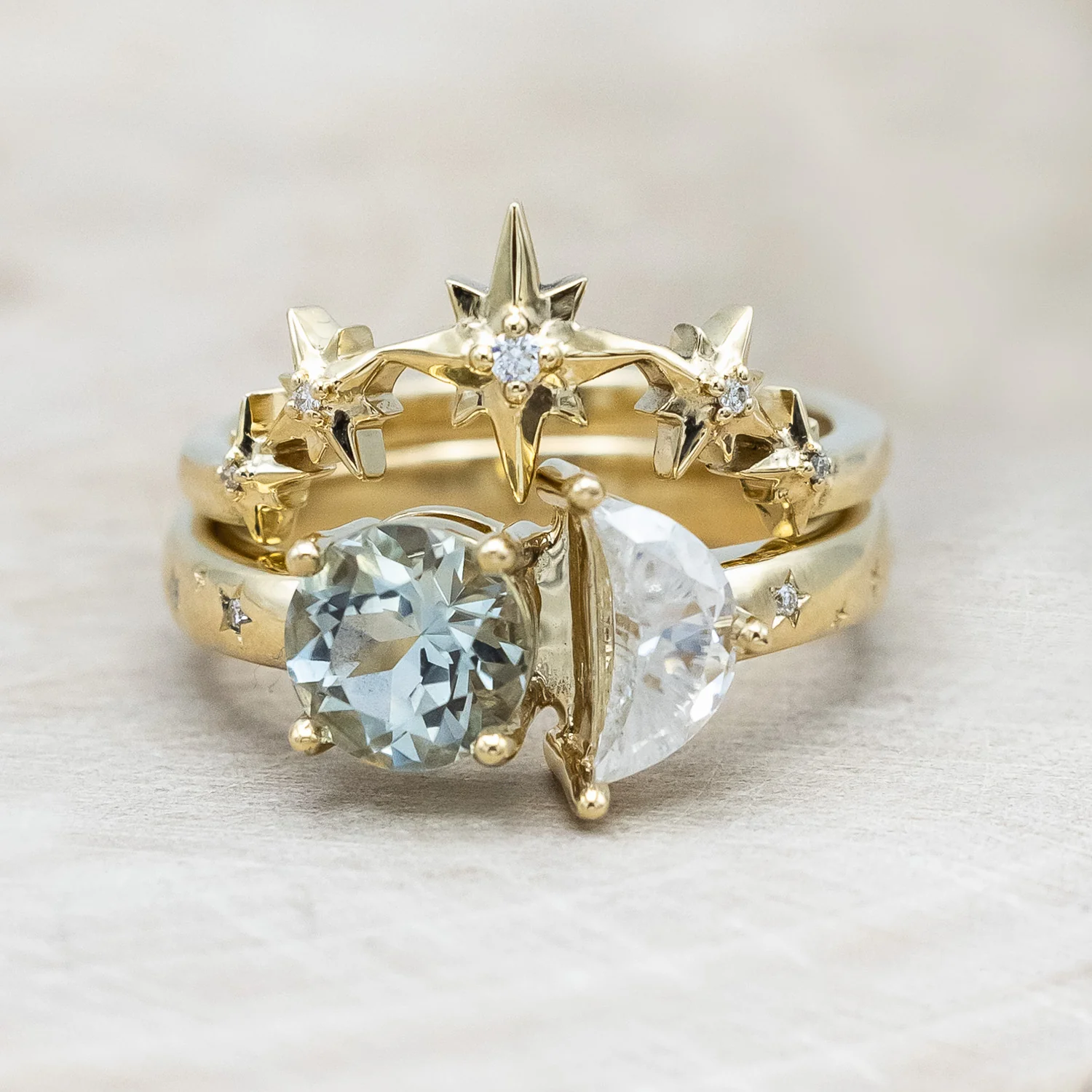 "SIDRA" - TOI ET MOI ROUND CUT GREEN PRASIOLITE ENGAGEMENT RING WITH CRESCENT MOON MOISSANITE ACCENT & DIAMOND TRACER - Image 6