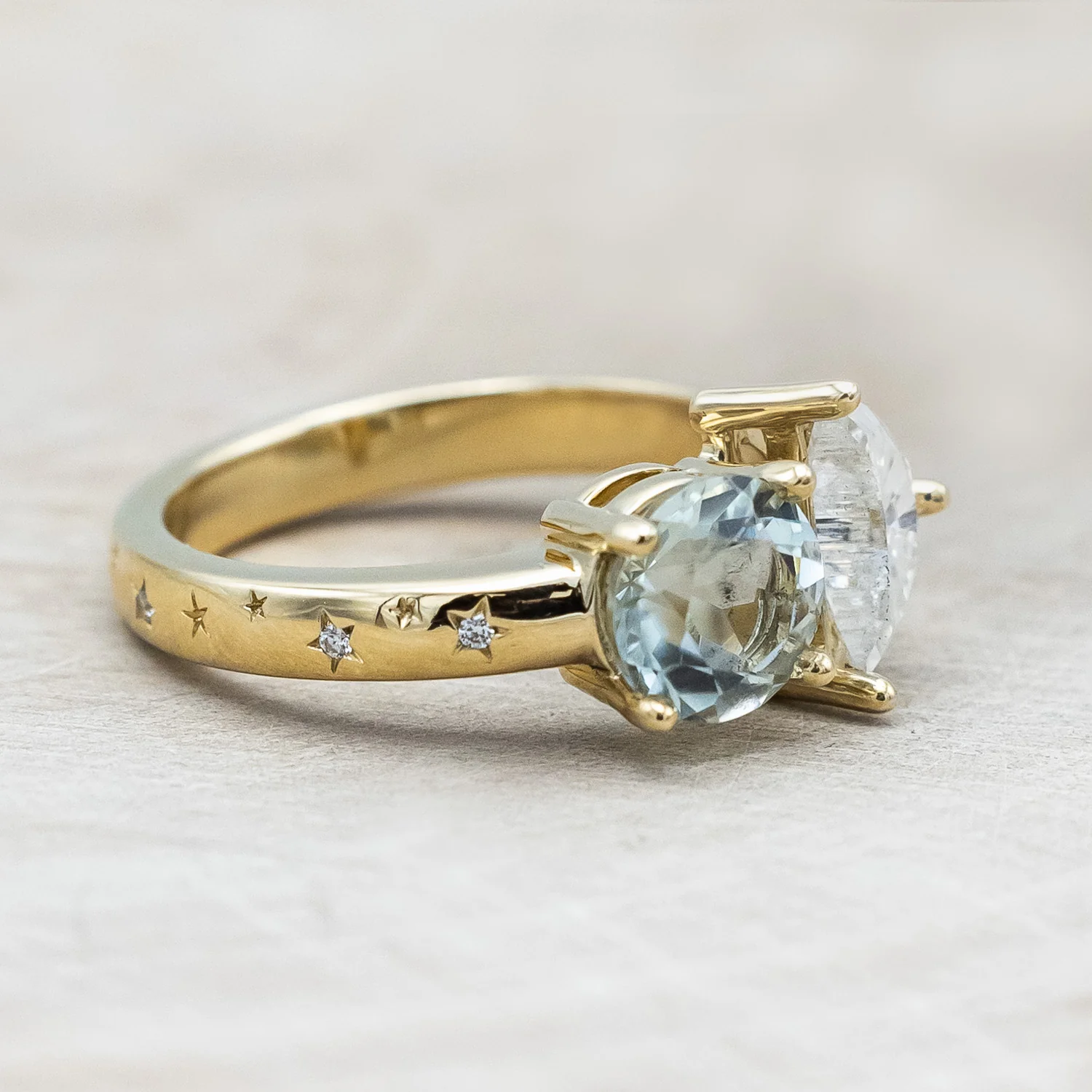 "SIDRA" - TOI ET MOI ROUND CUT GREEN PRASIOLITE ENGAGEMENT RING WITH CRESCENT MOON MOISSANITE ACCENT & DIAMOND TRACER - Image 7