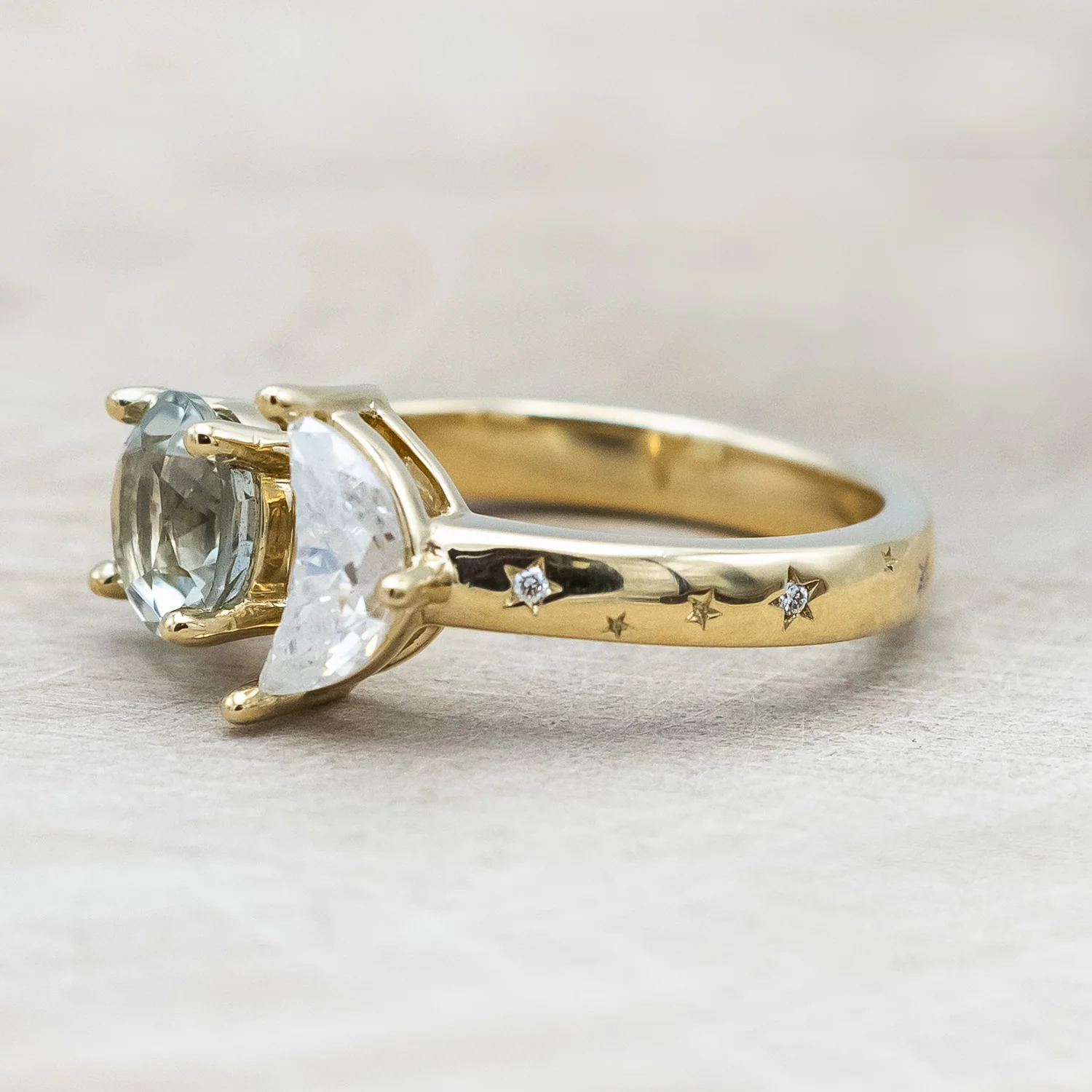 "SIDRA" - TOI ET MOI ROUND CUT GREEN PRASIOLITE ENGAGEMENT RING WITH CRESCENT MOON MOISSANITE ACCENT & DIAMOND TRACER - Image 8