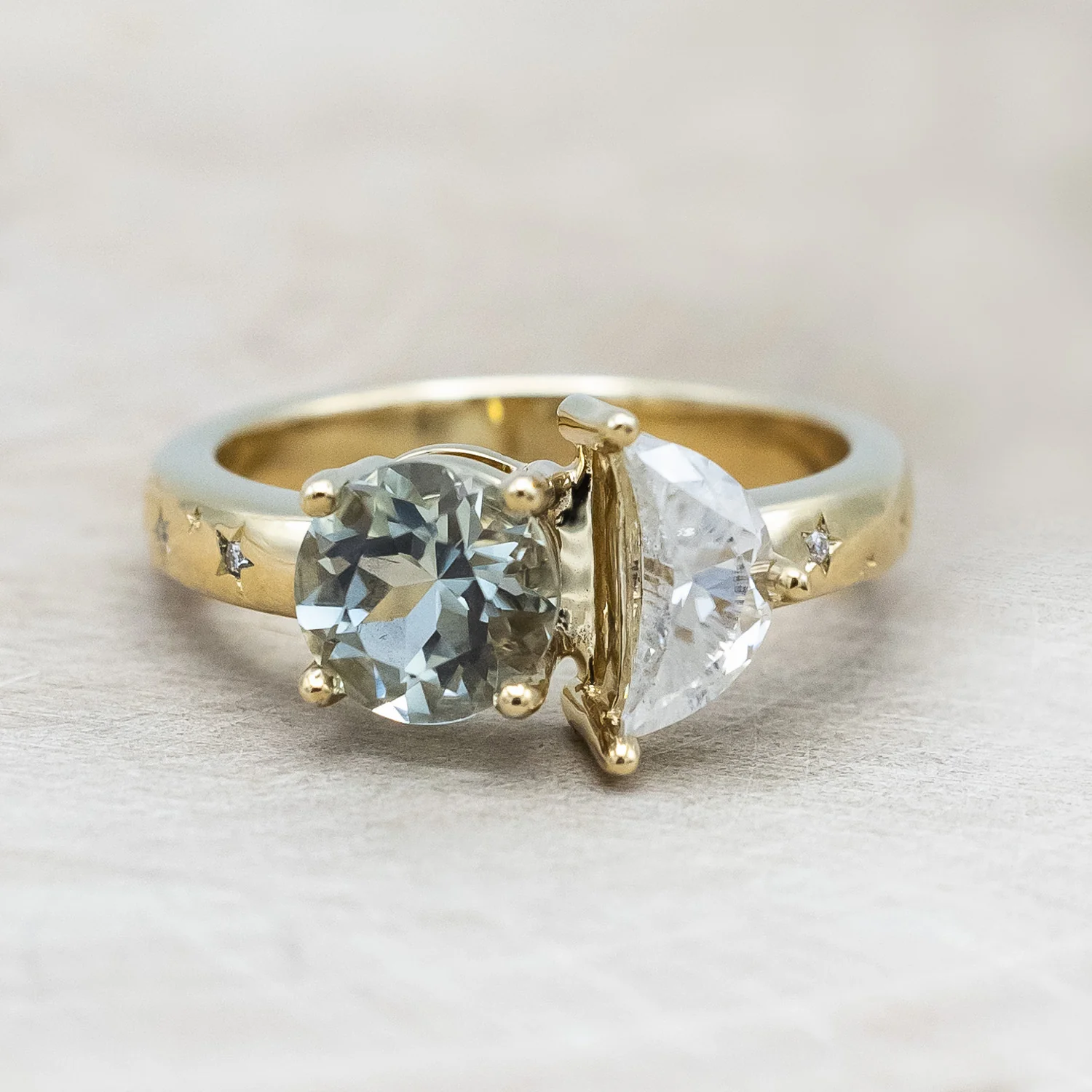 "SIDRA" - TOI ET MOI ROUND CUT GREEN PRASIOLITE ENGAGEMENT RING WITH CRESCENT MOON MOISSANITE ACCENT & DIAMOND TRACER - Image 9