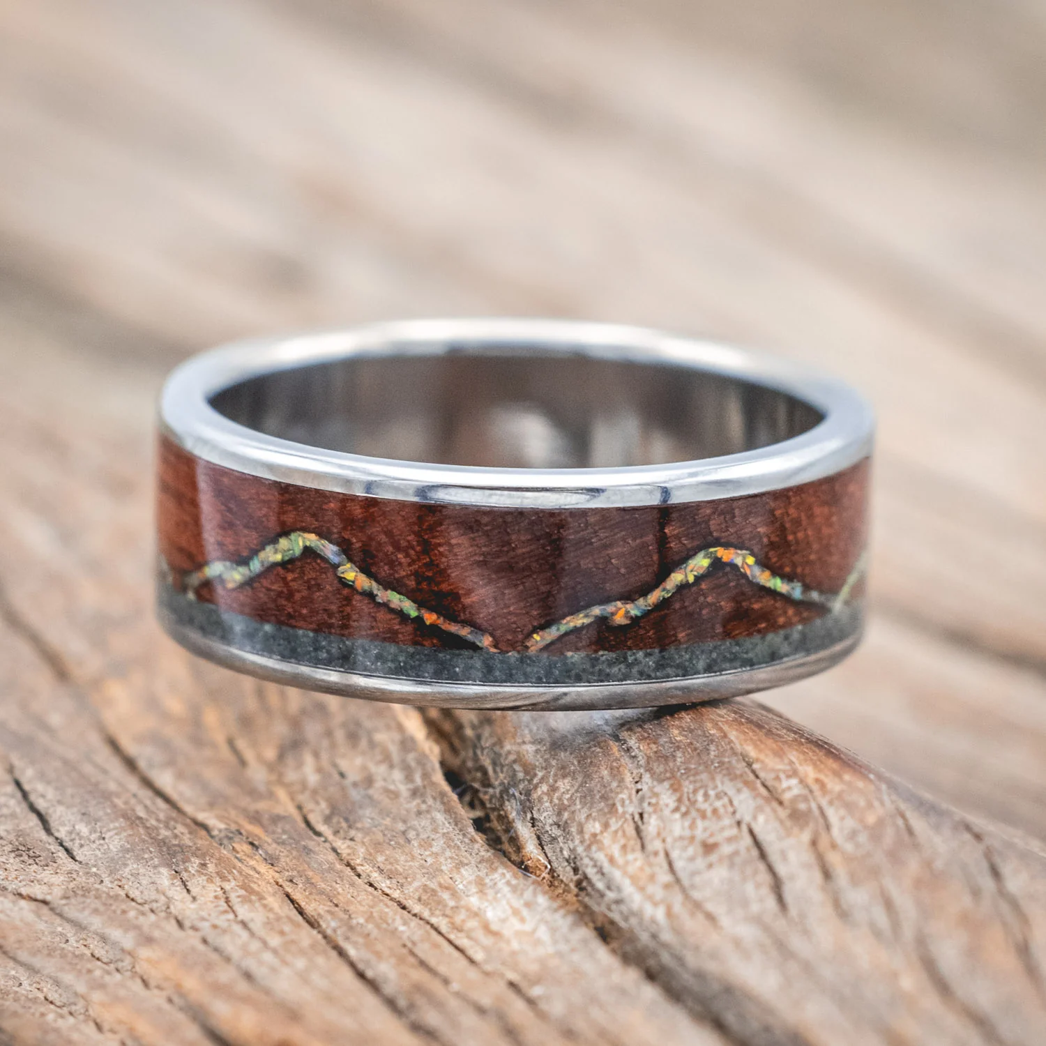"THE EXPEDITION" - MOUNTAIN ENGRAVED WEDDING RING WITH FIRE & ICE OPAL, ROSEWOOD & MOSS AGATE - Image 3