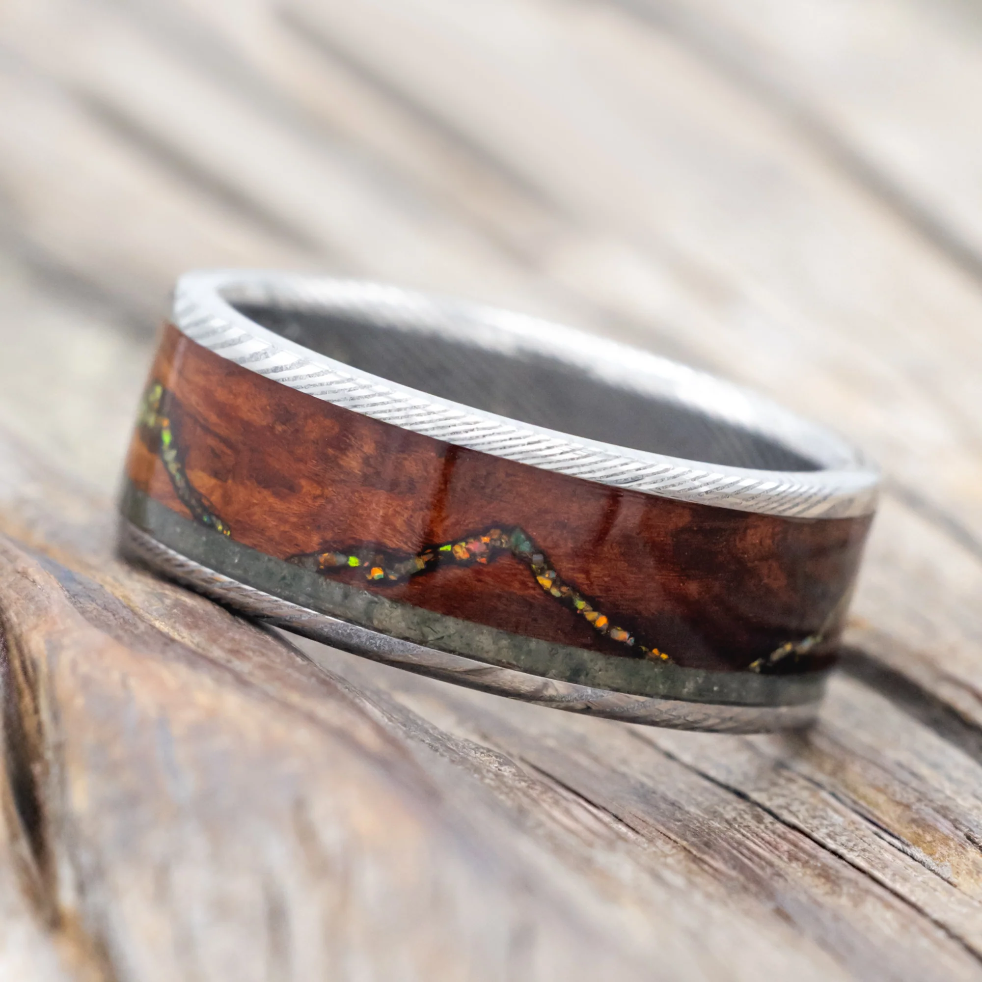 "THE EXPEDITION" - MOUNTAIN ENGRAVED WEDDING RING WITH FIRE & ICE OPAL, ROSEWOOD & MOSS AGATE - Image 4