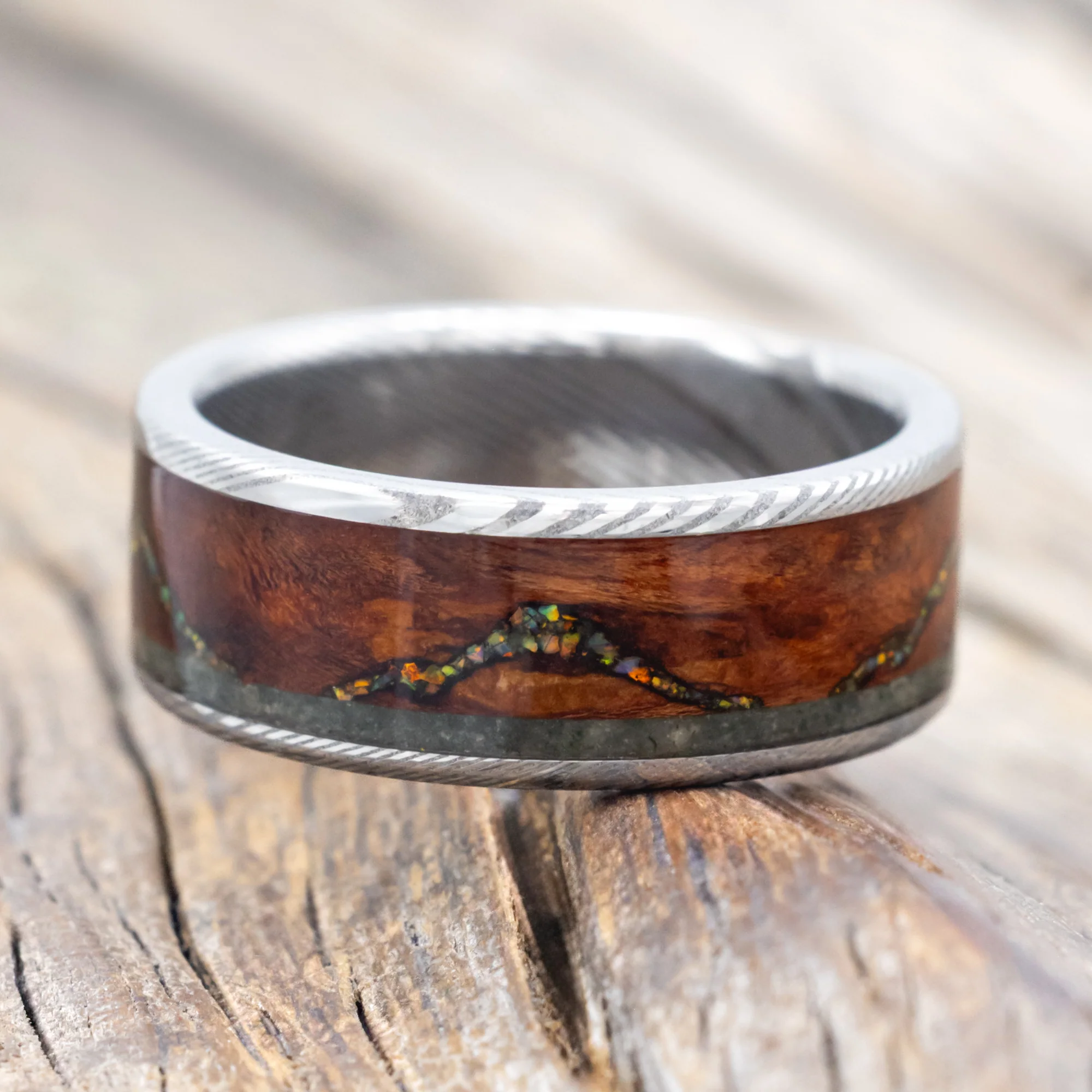 "THE EXPEDITION" - MOUNTAIN ENGRAVED WEDDING RING WITH FIRE & ICE OPAL, ROSEWOOD & MOSS AGATE - Image 5