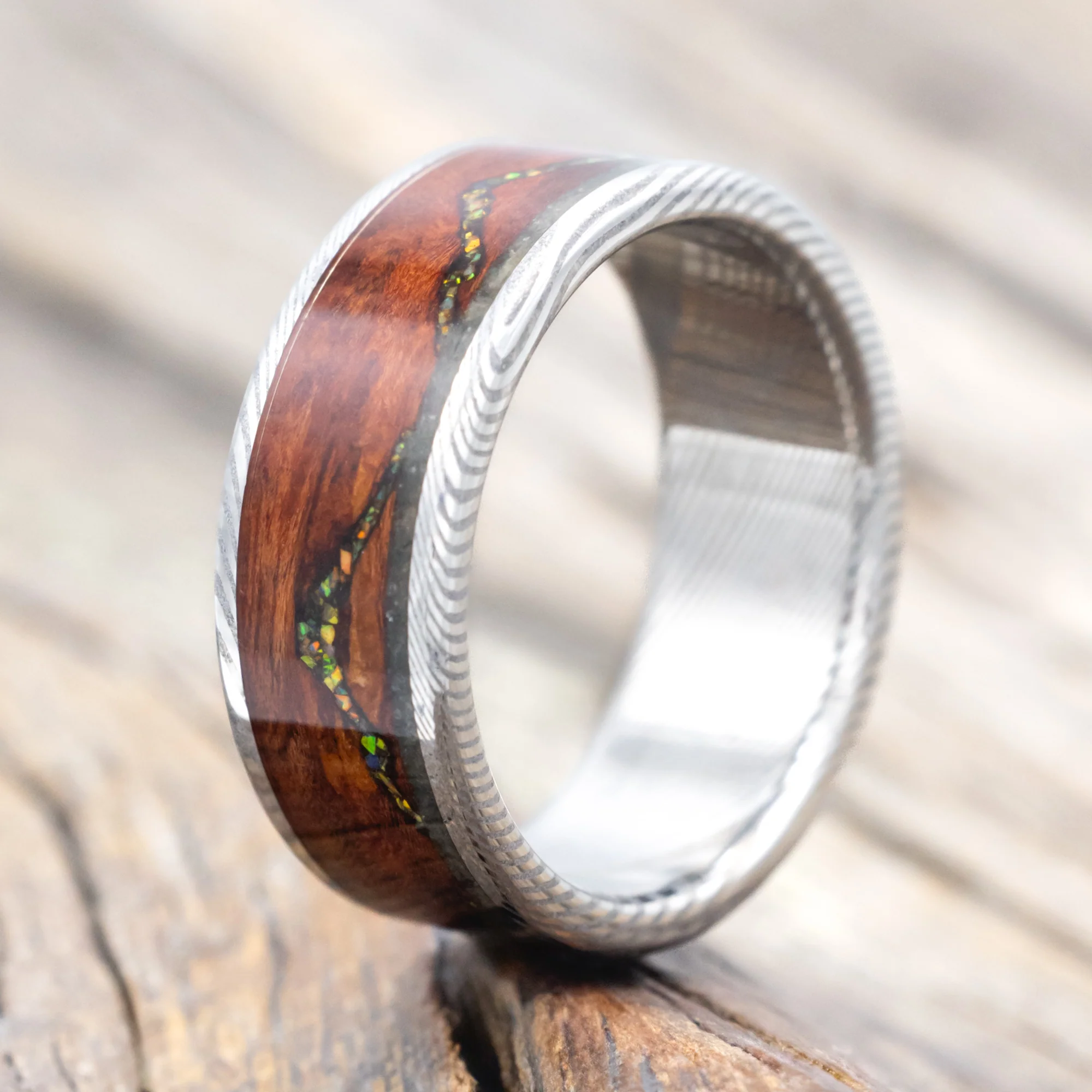 "THE EXPEDITION" - MOUNTAIN ENGRAVED WEDDING RING WITH FIRE & ICE OPAL, ROSEWOOD & MOSS AGATE - Image 6