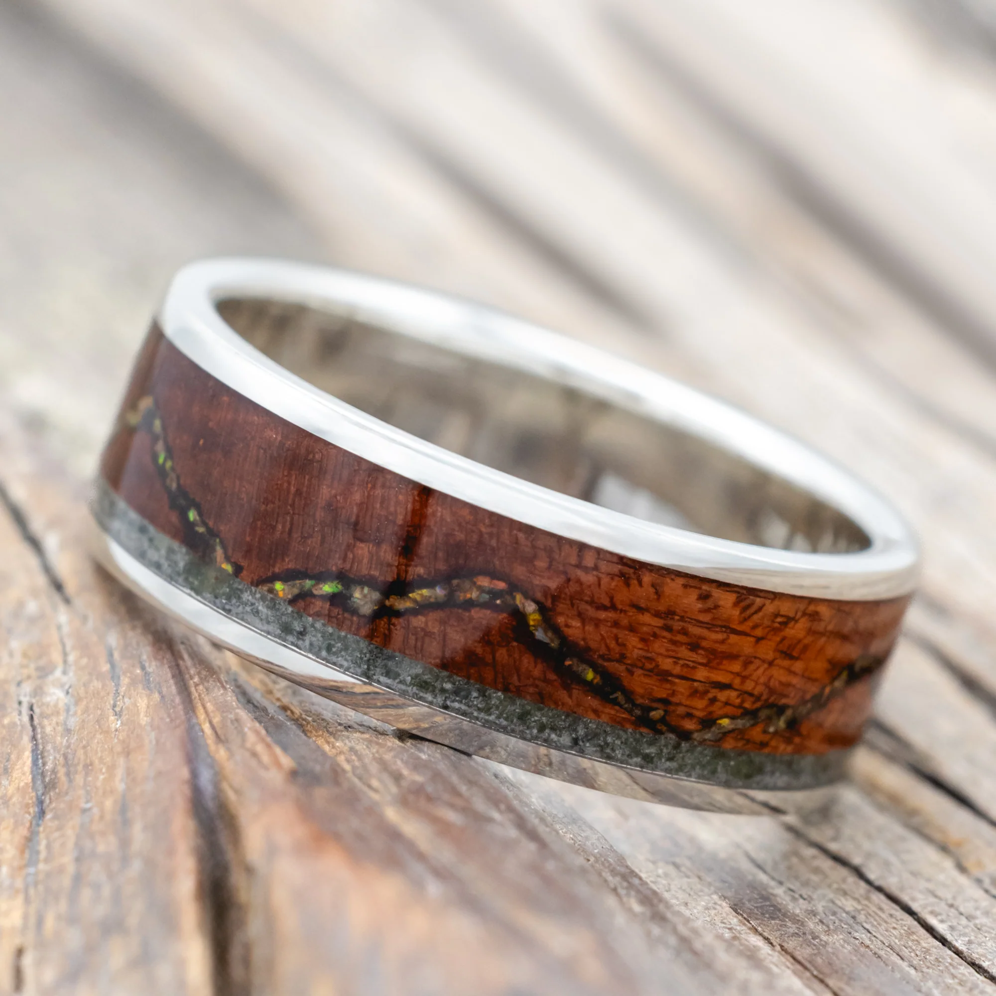 "THE EXPEDITION" - MOUNTAIN ENGRAVED WEDDING RING WITH FIRE & ICE OPAL, ROSEWOOD & MOSS AGATE - Image 7