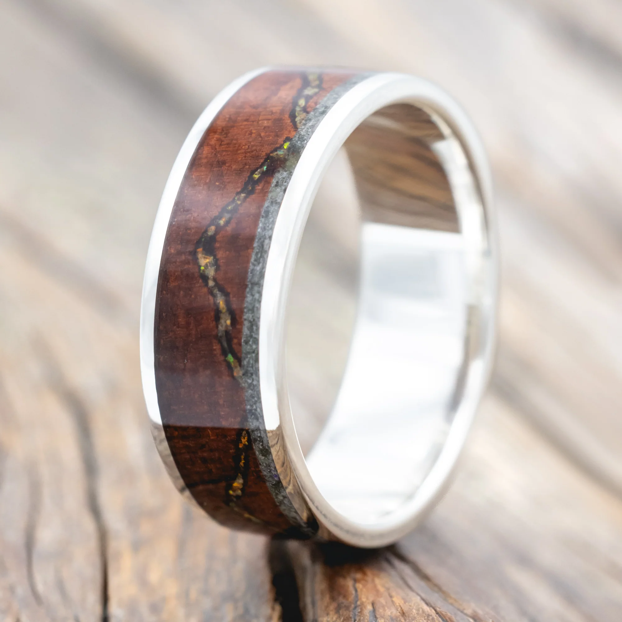 "THE EXPEDITION" - MOUNTAIN ENGRAVED WEDDING RING WITH FIRE & ICE OPAL, ROSEWOOD & MOSS AGATE - Image 8
