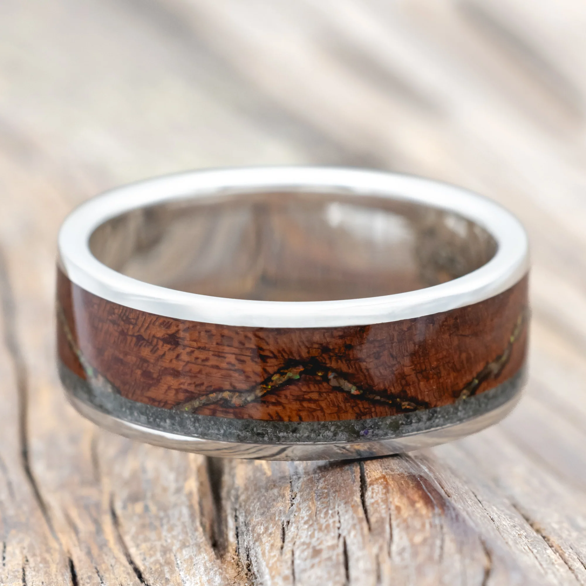 "THE EXPEDITION" - MOUNTAIN ENGRAVED WEDDING RING WITH FIRE & ICE OPAL, ROSEWOOD & MOSS AGATE - Image 9