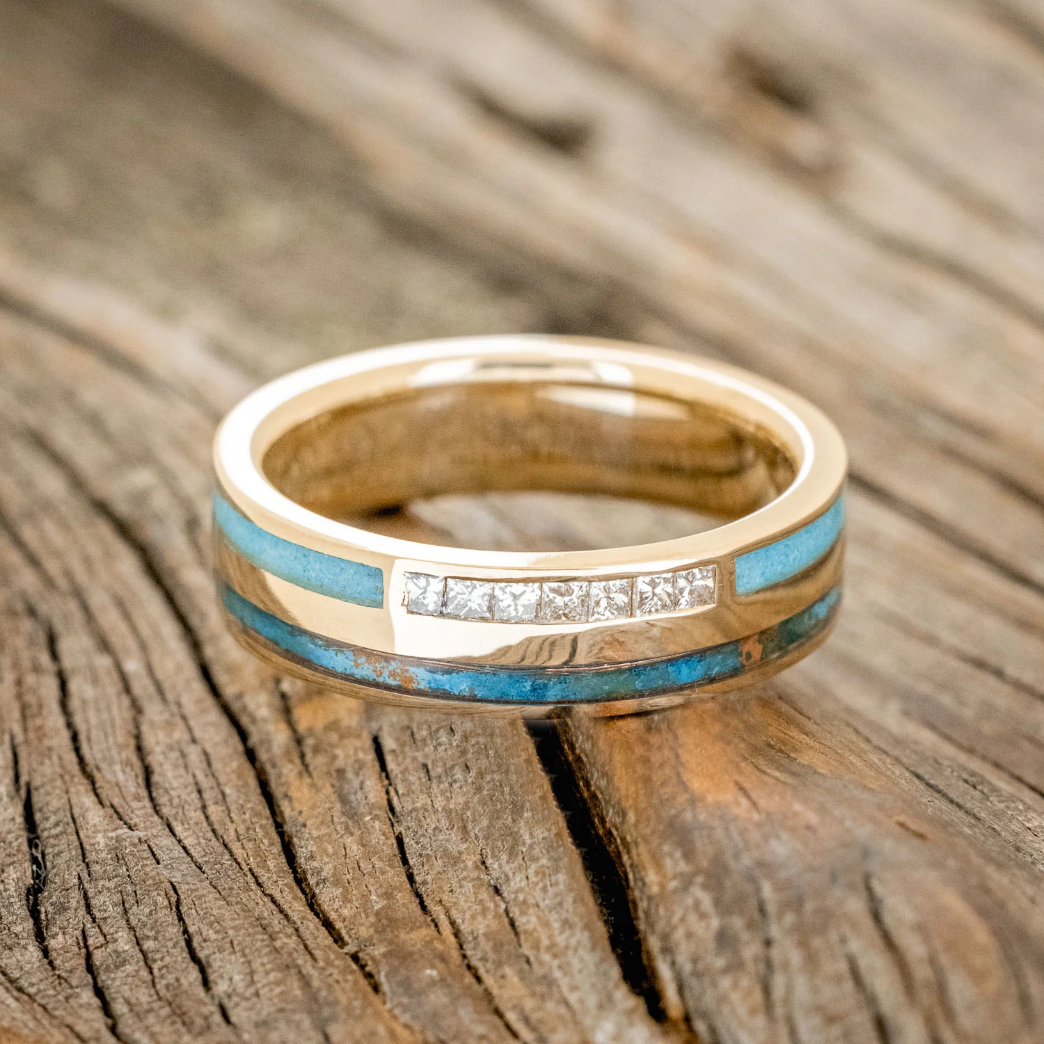 "TRIDENT" - DIAMOND, PATINA COPPER & TURQUOISE INLAYS WEDDING BAND - Image 3