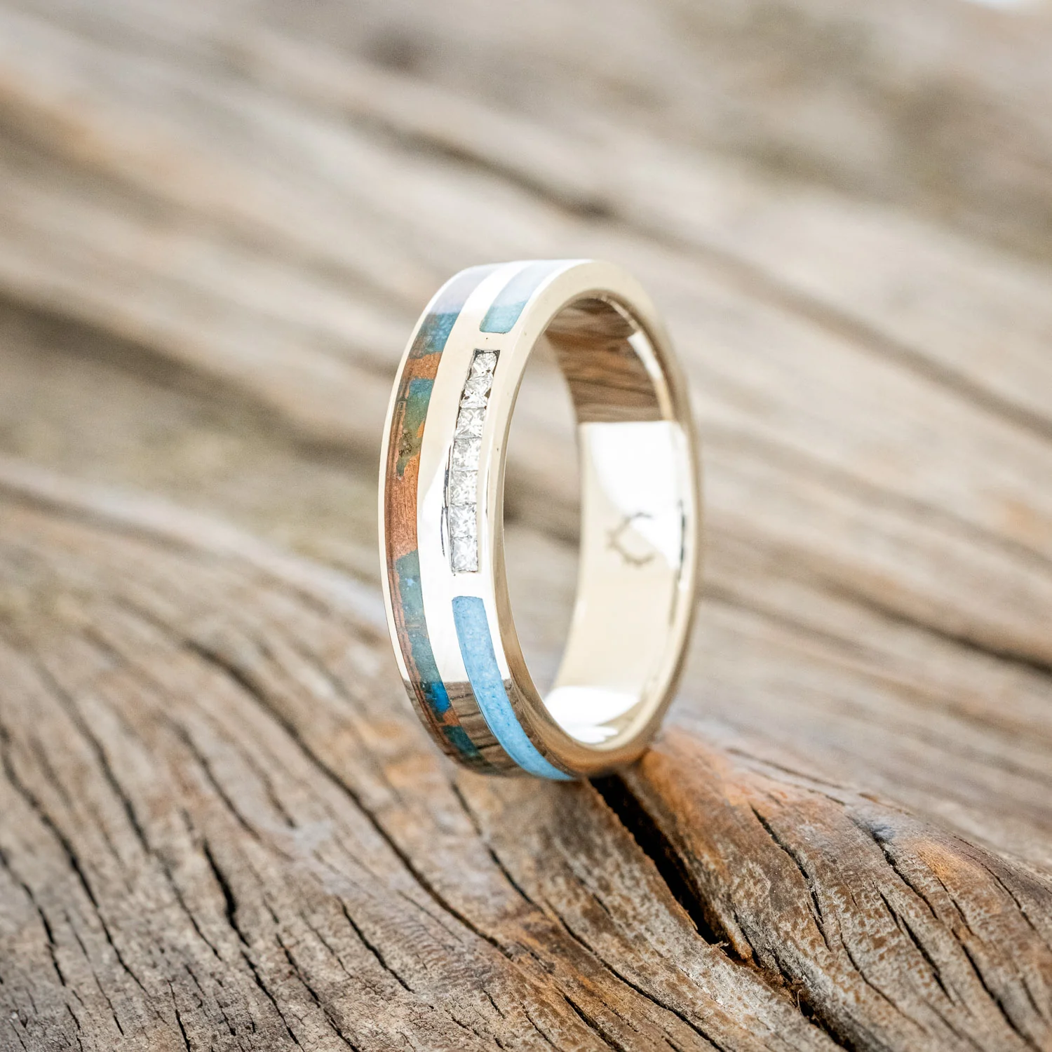 "TRIDENT" - DIAMOND, PATINA COPPER & TURQUOISE INLAYS WEDDING BAND - Image 4