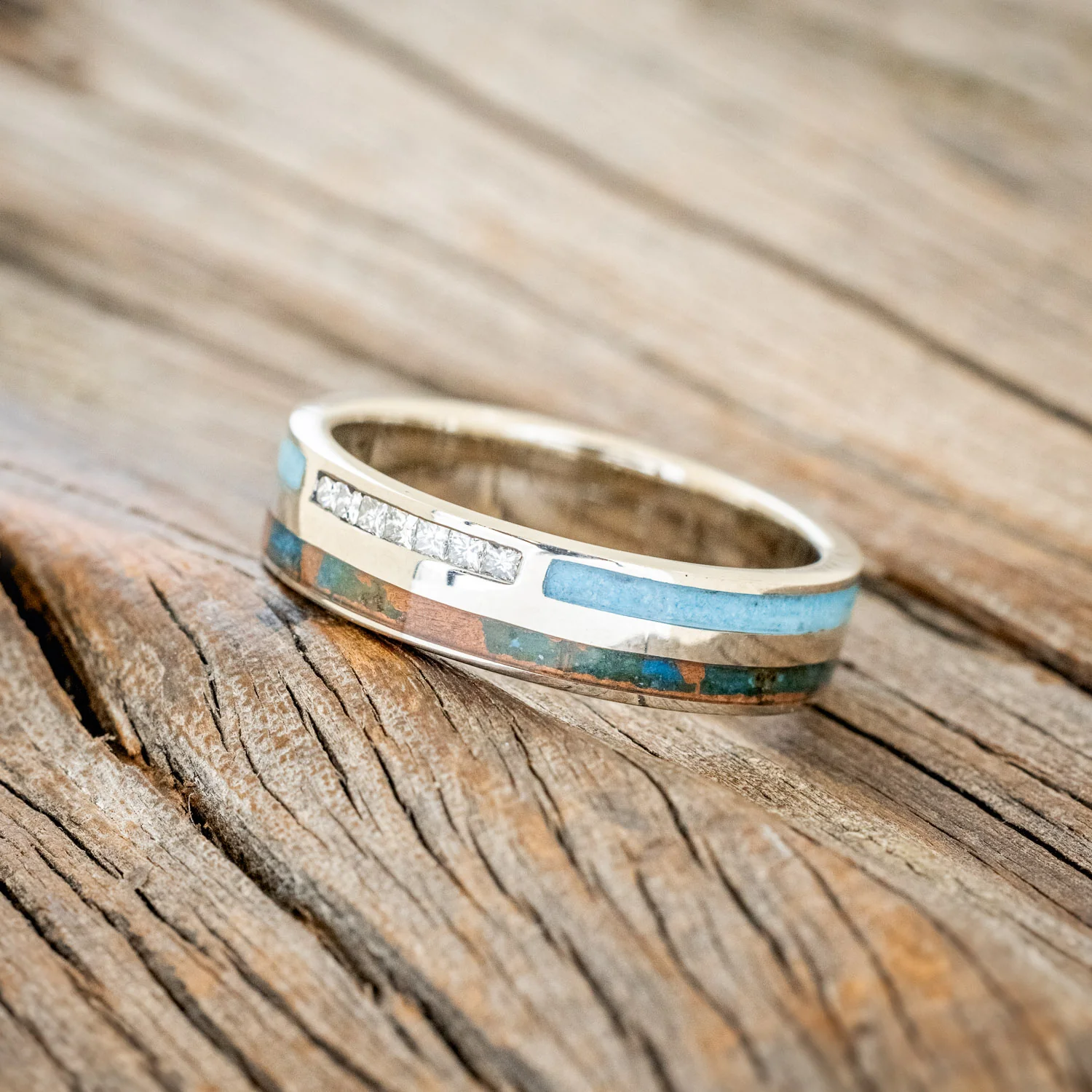 "TRIDENT" - DIAMOND, PATINA COPPER & TURQUOISE INLAYS WEDDING BAND - Image 5