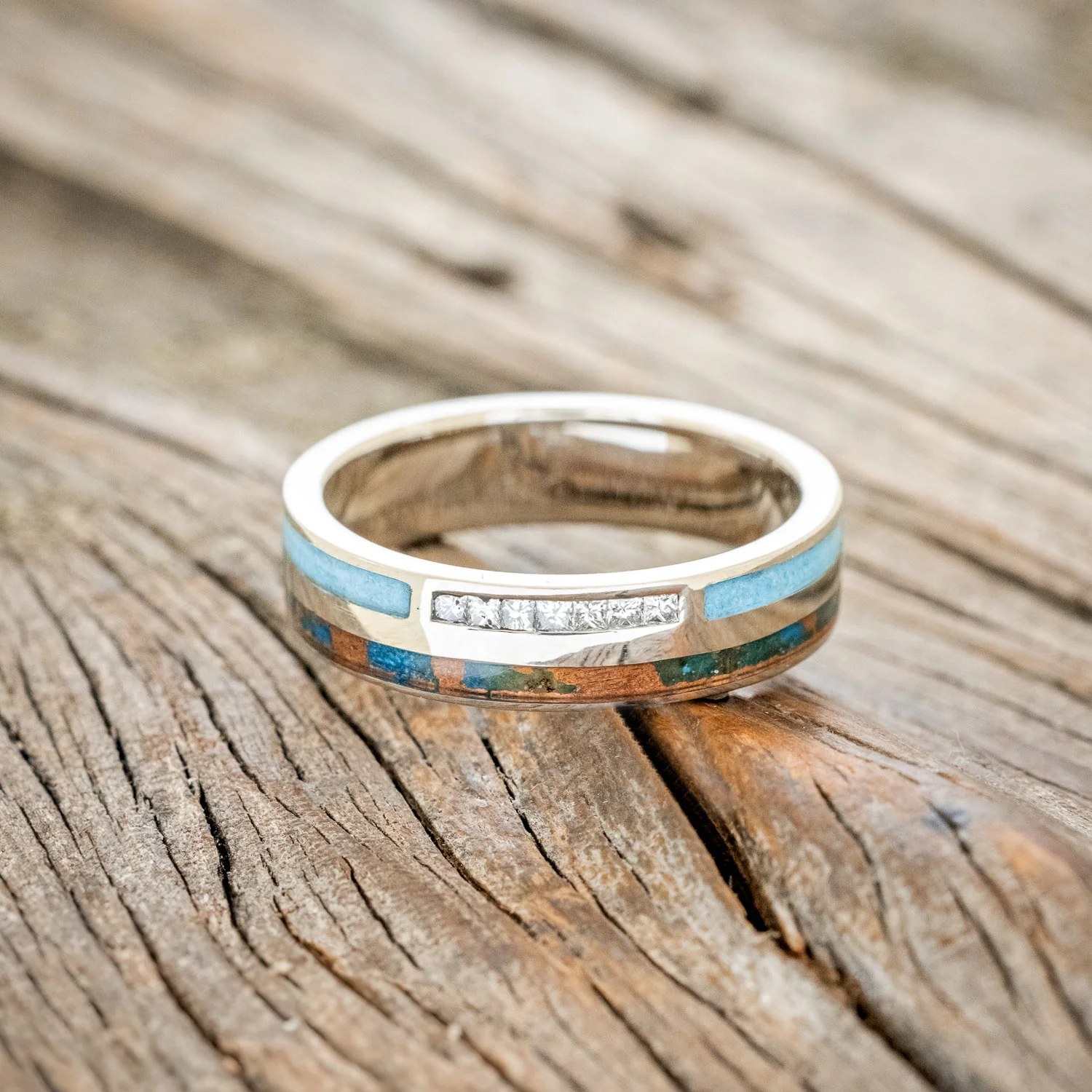 "TRIDENT" - DIAMOND, PATINA COPPER & TURQUOISE INLAYS WEDDING BAND - Image 6
