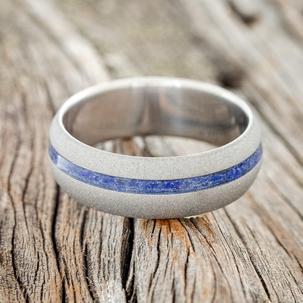 "VERTIGO" - DOMED LAPIS LAZULI WEDDING RING WITH A SANDBLASTED FINISH - Image 3