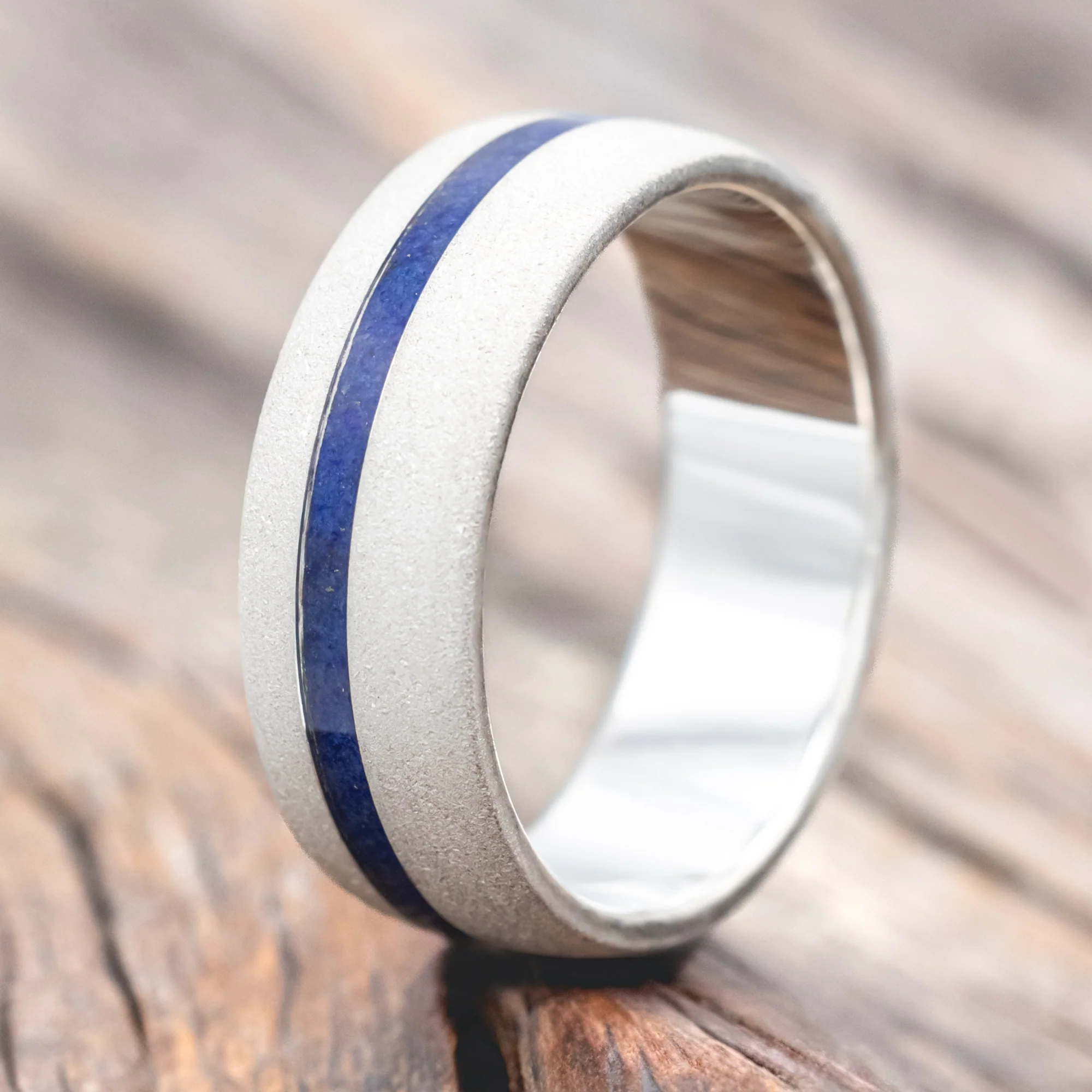 "VERTIGO" - DOMED LAPIS LAZULI WEDDING RING WITH A SANDBLASTED FINISH - Image 4
