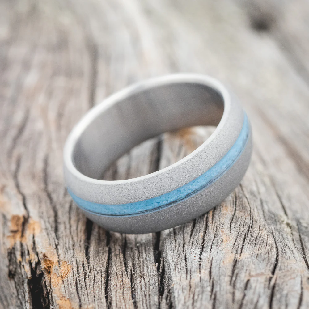 "VERTIGO" - DOMED TURQUOISE WEDDING BAND WITH SANDBLASTED FINISH - Image 3