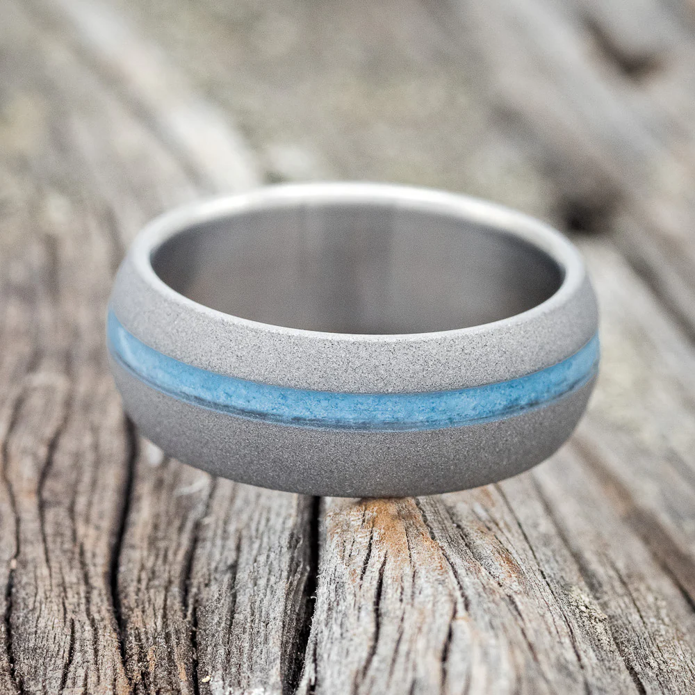 "VERTIGO" - DOMED TURQUOISE WEDDING BAND WITH SANDBLASTED FINISH - Image 4