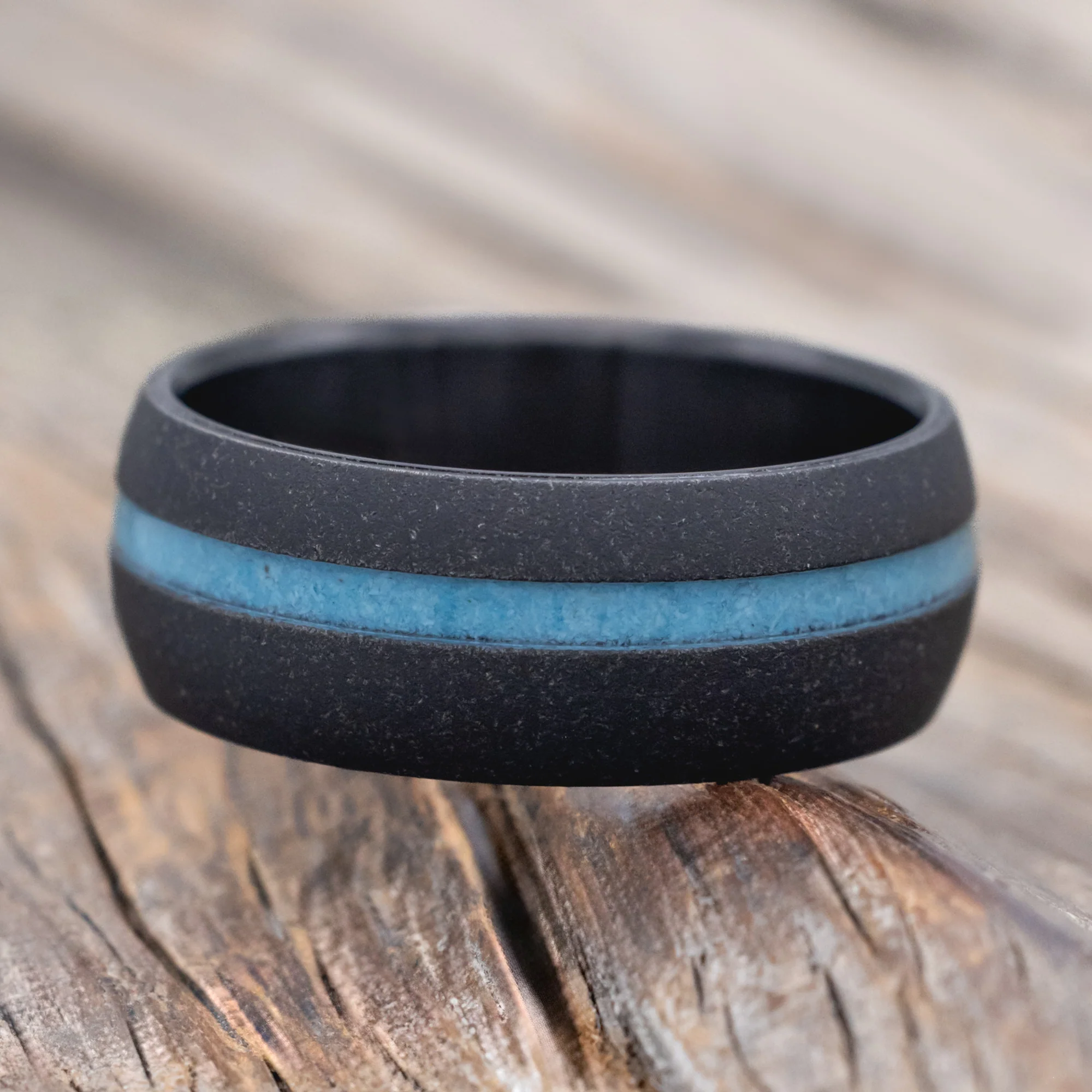 "VERTIGO" - DOMED TURQUOISE WEDDING BAND WITH SANDBLASTED FINISH - Image 7
