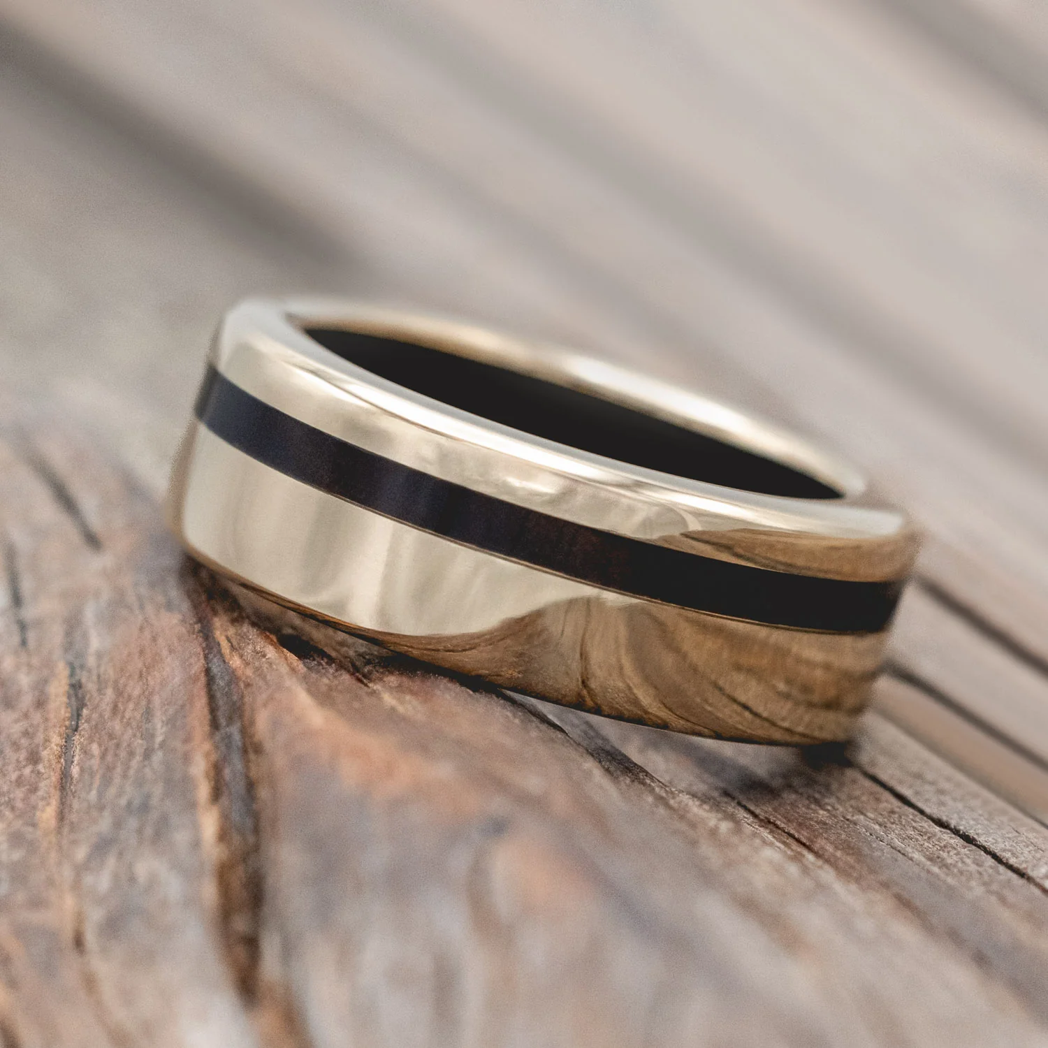 "VERTIGO" - IRONWOOD LINING & INLAY WEDDING RING - Image 15