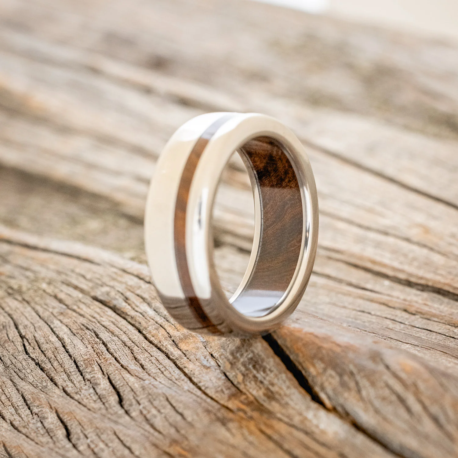"VERTIGO" - IRONWOOD LINING & INLAY WEDDING RING - Image 4