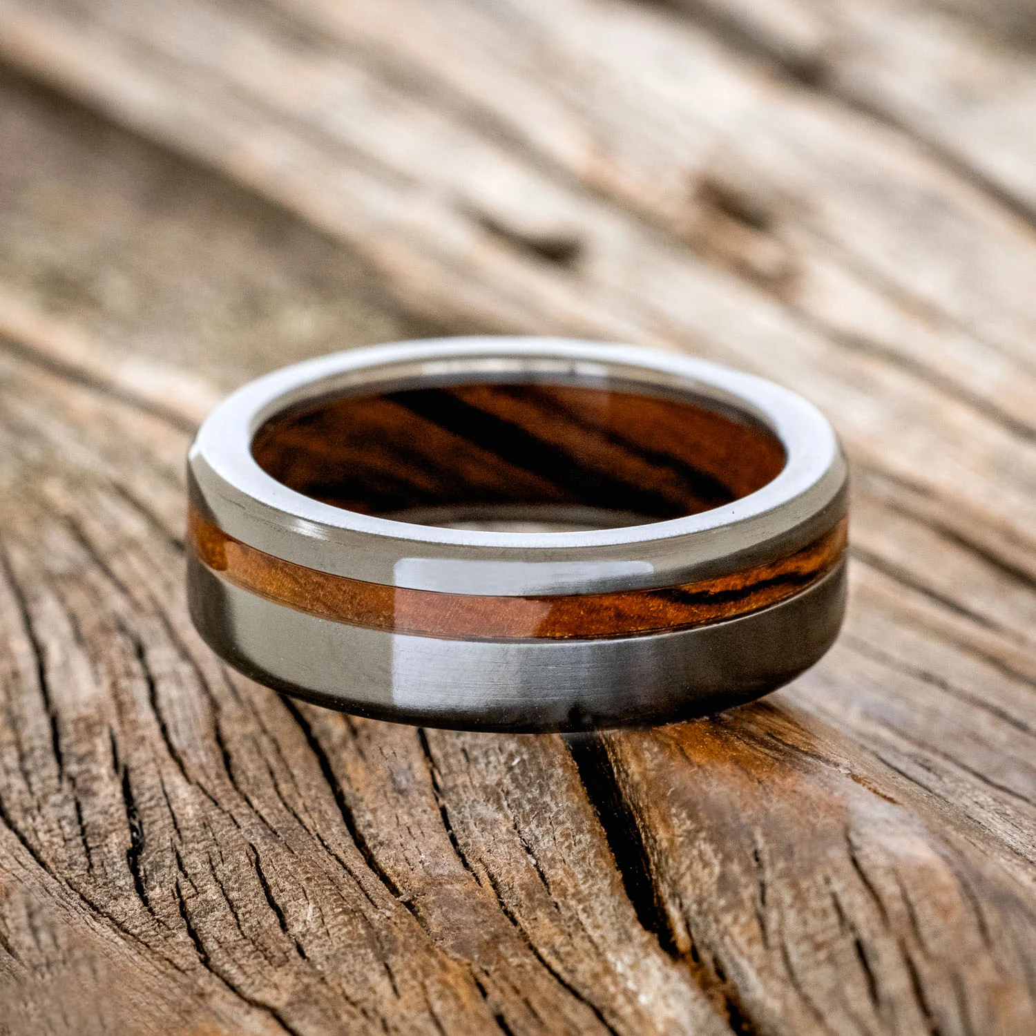"VERTIGO" - IRONWOOD LINING & INLAY WEDDING RING - Image 9