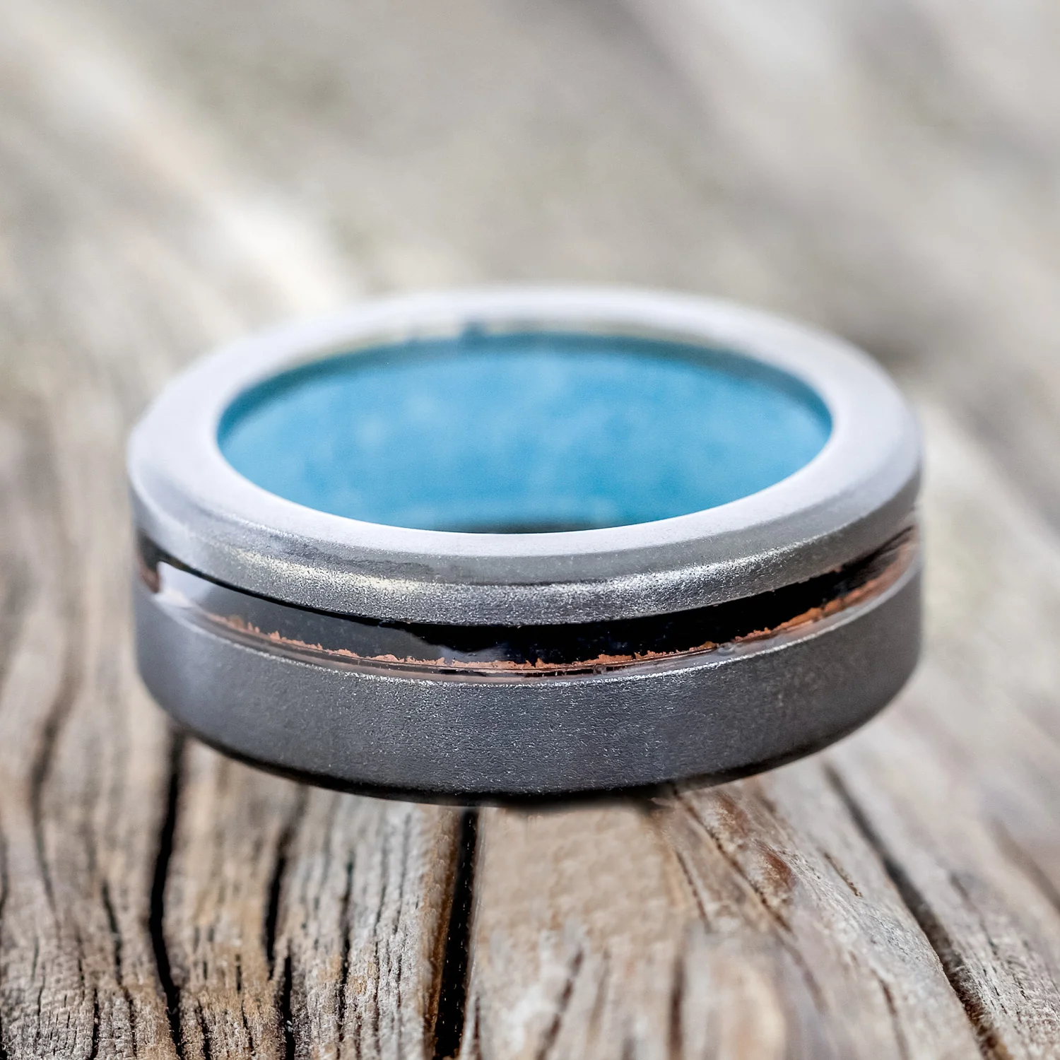 "VERTIGO" - PATINA COPPER INLAY WEDDING RING FEATURING A TURQUOISE LINING & SANDBLASTED FINISH - Image 10