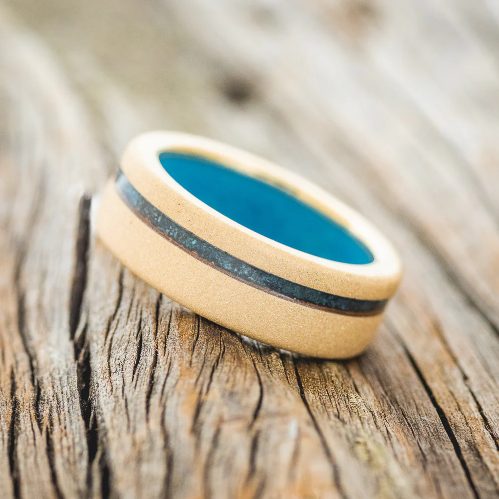 "VERTIGO" - PATINA COPPER INLAY WEDDING RING FEATURING A TURQUOISE LINING & SANDBLASTED FINISH - Image 11