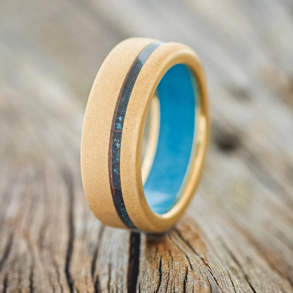 "VERTIGO" - PATINA COPPER INLAY WEDDING RING FEATURING A TURQUOISE LINING & SANDBLASTED FINISH - Image 12