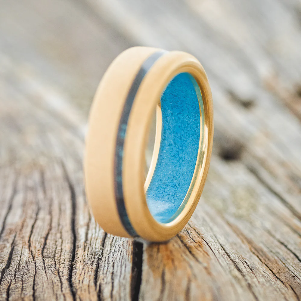 "VERTIGO" - PATINA COPPER INLAY WEDDING RING FEATURING A TURQUOISE LINING & SANDBLASTED FINISH - Image 13