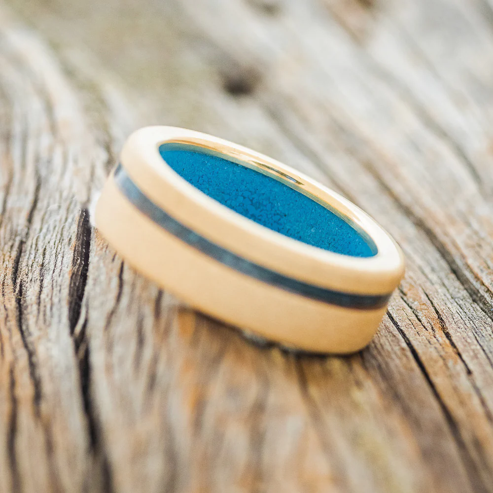 "VERTIGO" - PATINA COPPER INLAY WEDDING RING FEATURING A TURQUOISE LINING & SANDBLASTED FINISH - Image 14