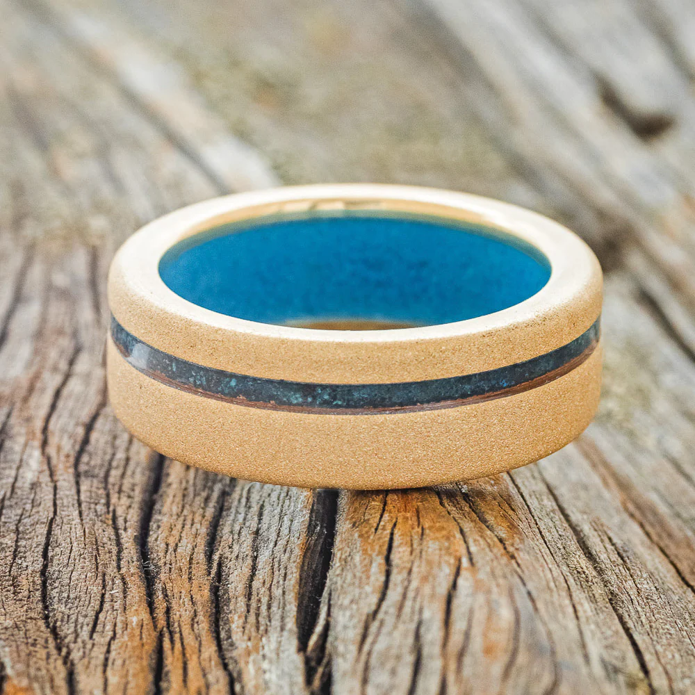 "VERTIGO" - PATINA COPPER INLAY WEDDING RING FEATURING A TURQUOISE LINING & SANDBLASTED FINISH - Image 15