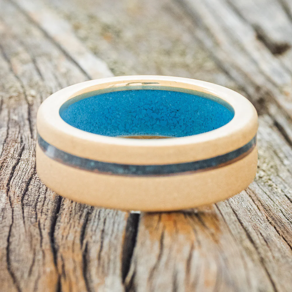 "VERTIGO" - PATINA COPPER INLAY WEDDING RING FEATURING A TURQUOISE LINING & SANDBLASTED FINISH - Image 16