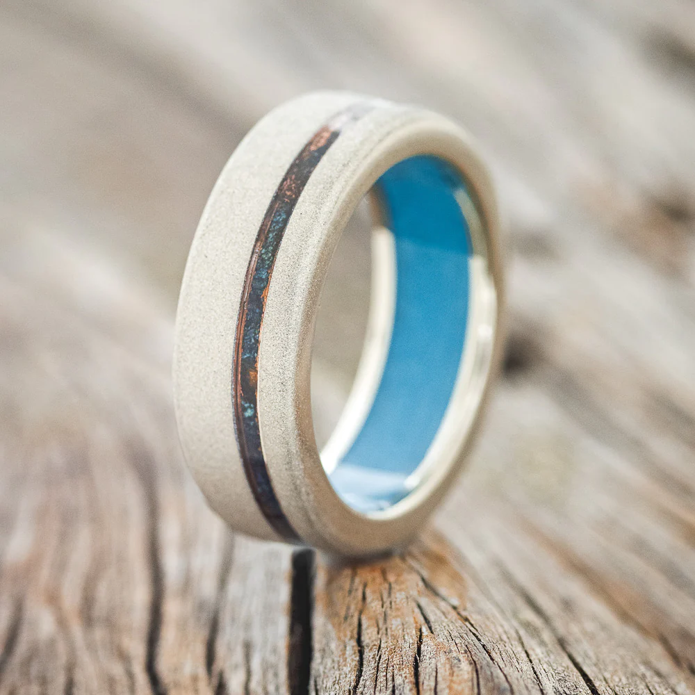 "VERTIGO" - PATINA COPPER INLAY WEDDING RING FEATURING A TURQUOISE LINING & SANDBLASTED FINISH - Image 17