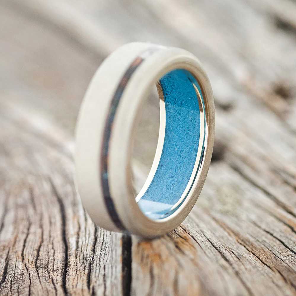 "VERTIGO" - PATINA COPPER INLAY WEDDING RING FEATURING A TURQUOISE LINING & SANDBLASTED FINISH - Image 18