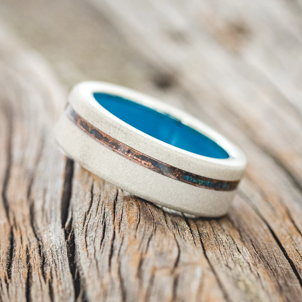 "VERTIGO" - PATINA COPPER INLAY WEDDING RING FEATURING A TURQUOISE LINING & SANDBLASTED FINISH - Image 19