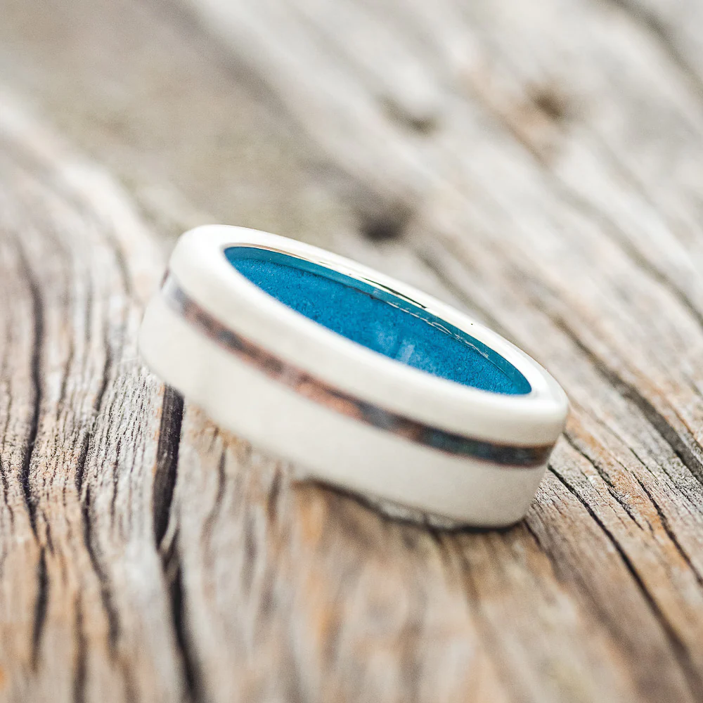 "VERTIGO" - PATINA COPPER INLAY WEDDING RING FEATURING A TURQUOISE LINING & SANDBLASTED FINISH - Image 20