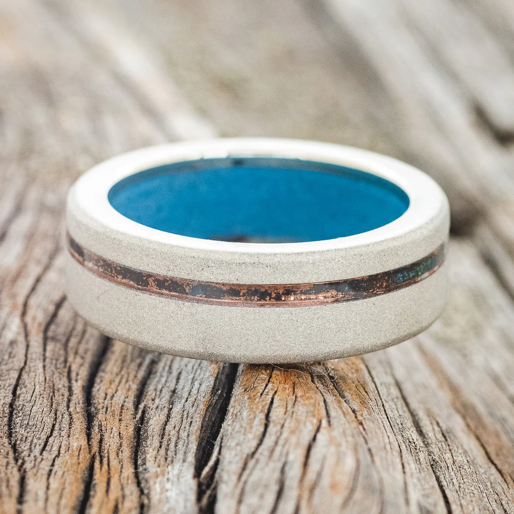 "VERTIGO" - PATINA COPPER INLAY WEDDING RING FEATURING A TURQUOISE LINING & SANDBLASTED FINISH - Image 21