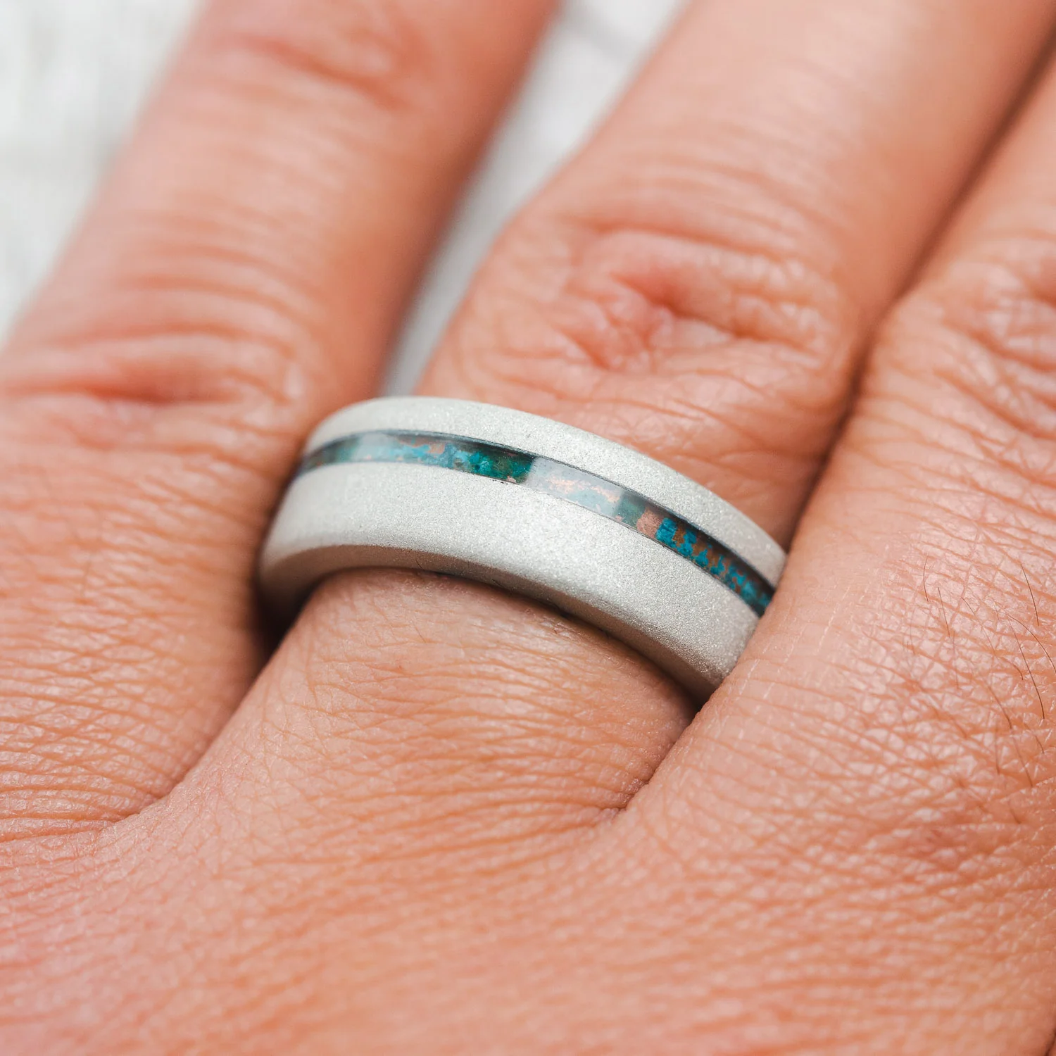 "VERTIGO" - PATINA COPPER INLAY WEDDING RING FEATURING A TURQUOISE LINING & SANDBLASTED FINISH - Image 23
