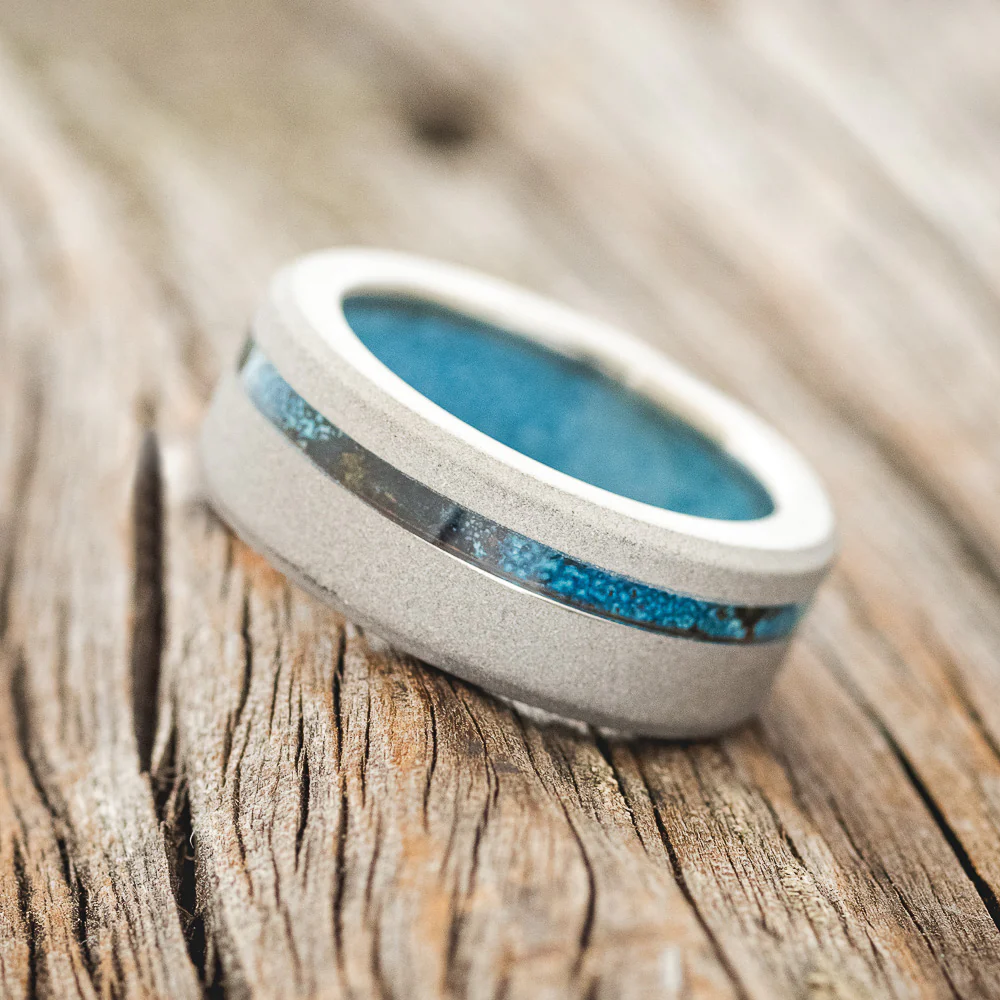 "VERTIGO" - PATINA COPPER INLAY WEDDING RING FEATURING A TURQUOISE LINING & SANDBLASTED FINISH - Image 3