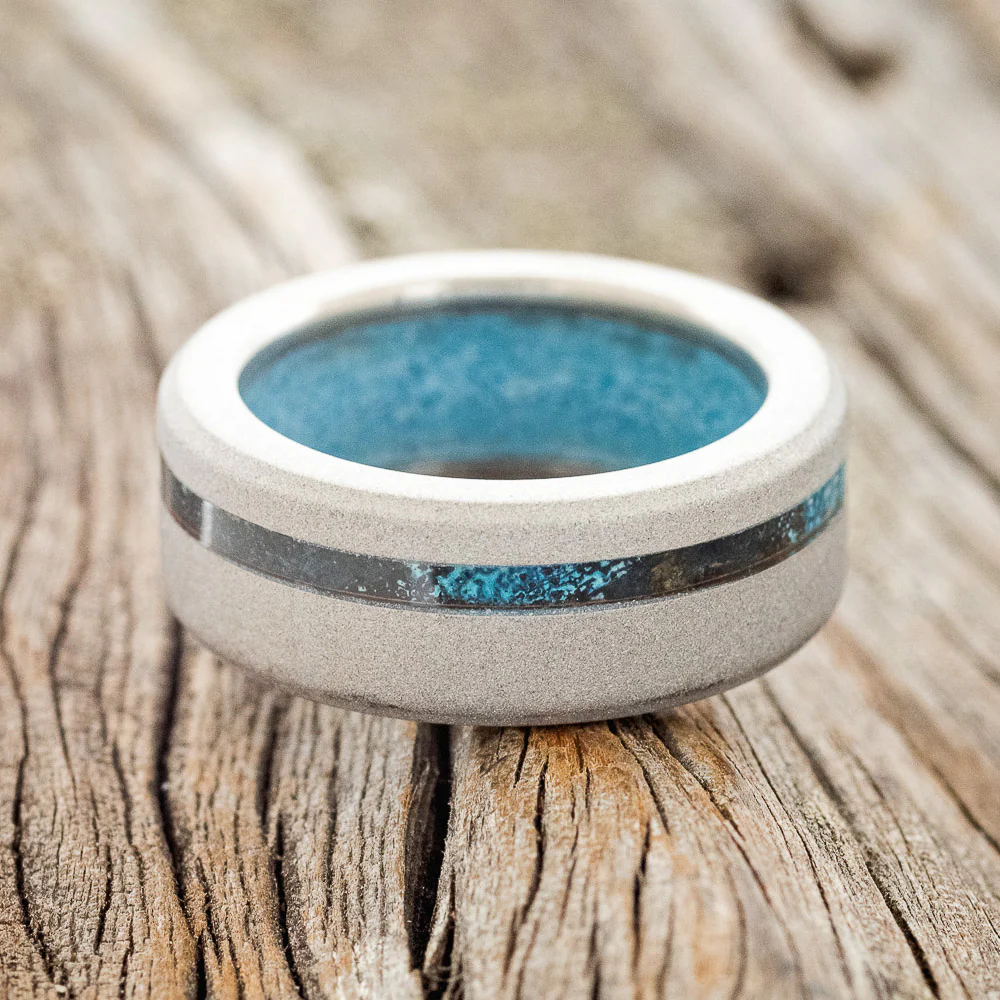 "VERTIGO" - PATINA COPPER INLAY WEDDING RING FEATURING A TURQUOISE LINING & SANDBLASTED FINISH - Image 5
