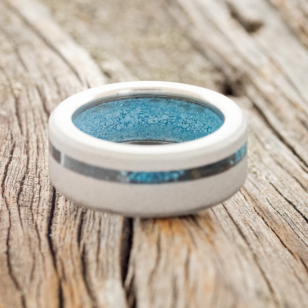 "VERTIGO" - PATINA COPPER INLAY WEDDING RING FEATURING A TURQUOISE LINING & SANDBLASTED FINISH - Image 6