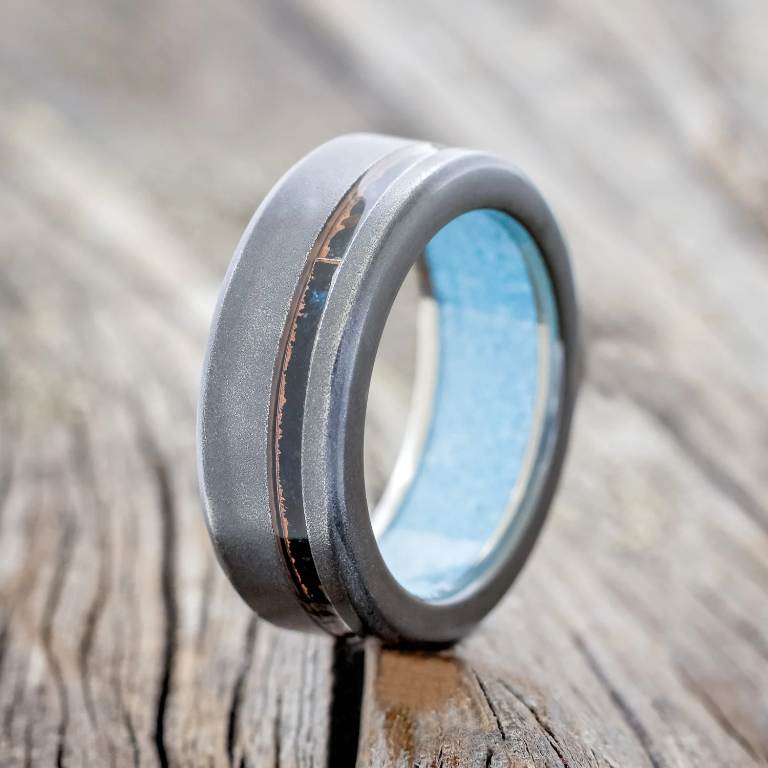 "VERTIGO" - PATINA COPPER INLAY WEDDING RING FEATURING A TURQUOISE LINING & SANDBLASTED FINISH - Image 7