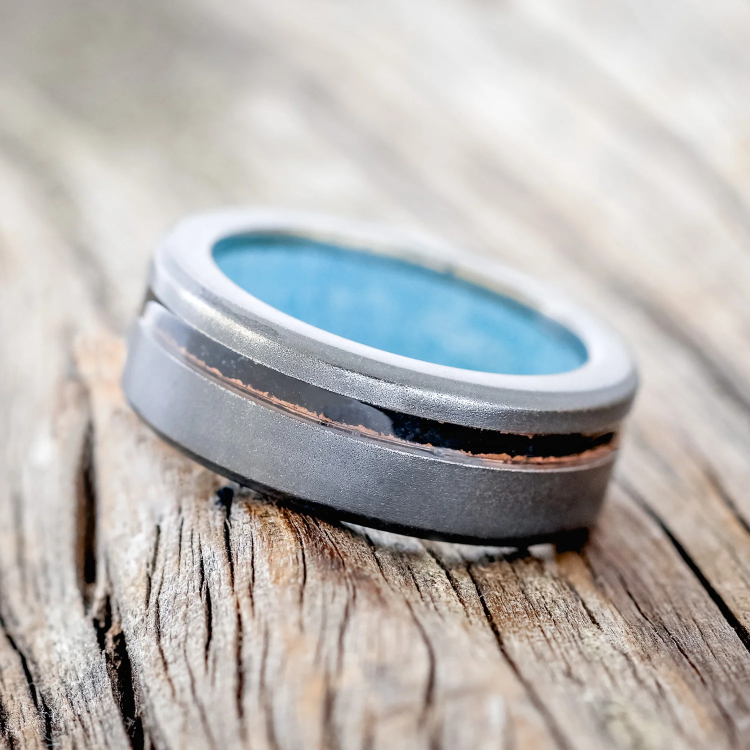 "VERTIGO" - PATINA COPPER INLAY WEDDING RING FEATURING A TURQUOISE LINING & SANDBLASTED FINISH - Image 8