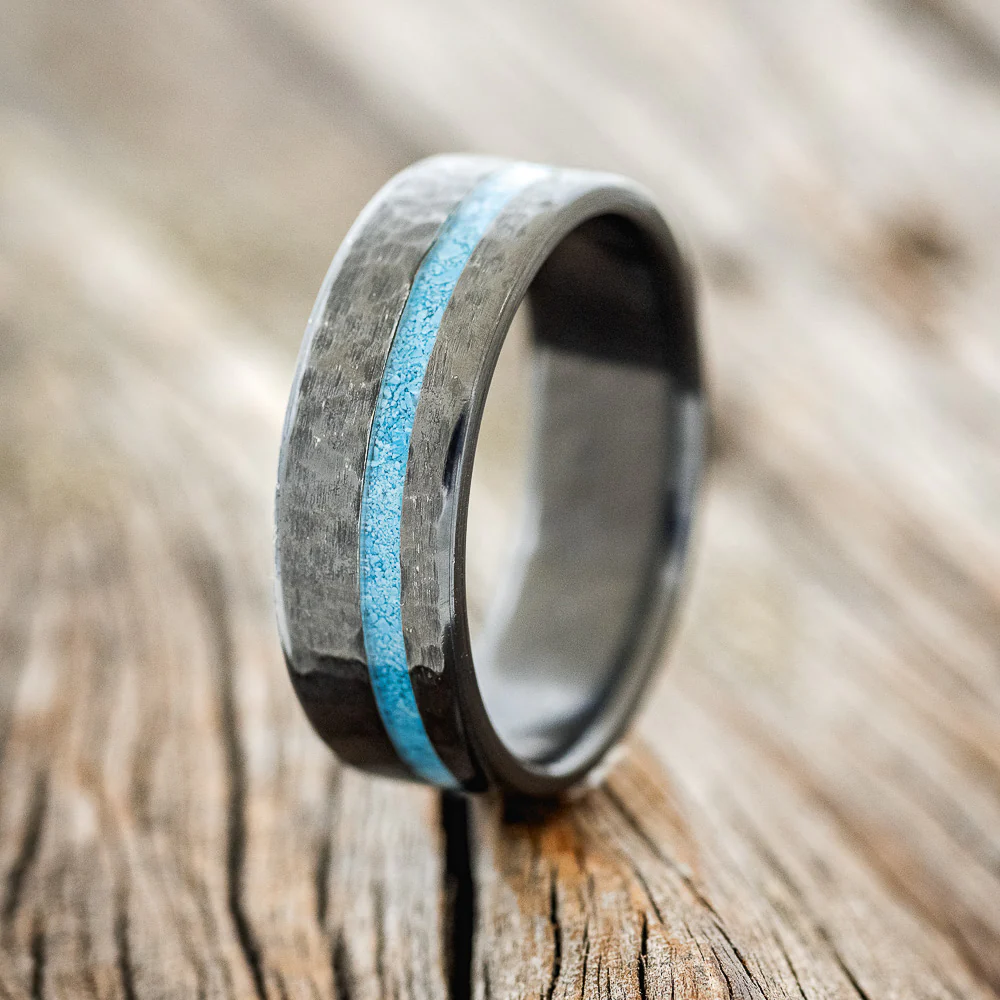 "VERTIGO" - TURQUOISE WEDDING BAND WITH A HAMMERED FINISH - Image 5