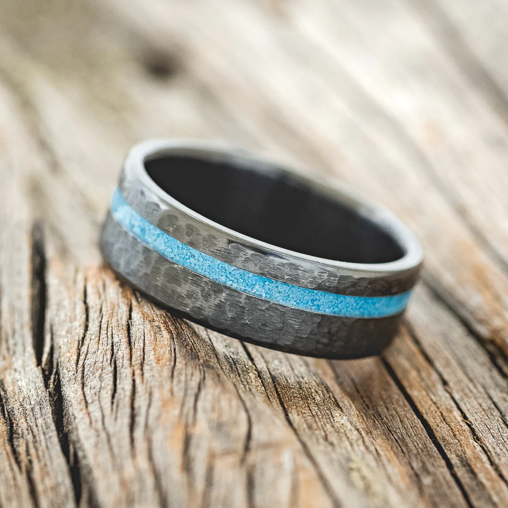 "VERTIGO" - TURQUOISE WEDDING BAND WITH A HAMMERED FINISH - Image 6
